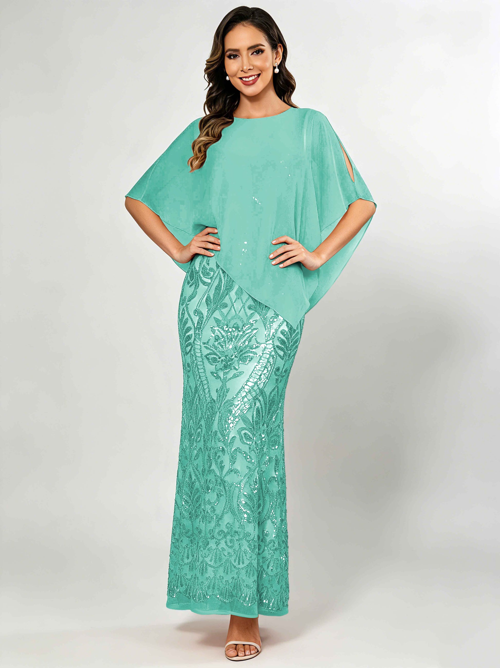 Mermaid Sequin Mother of The Bride Dress with Chiffon Cape