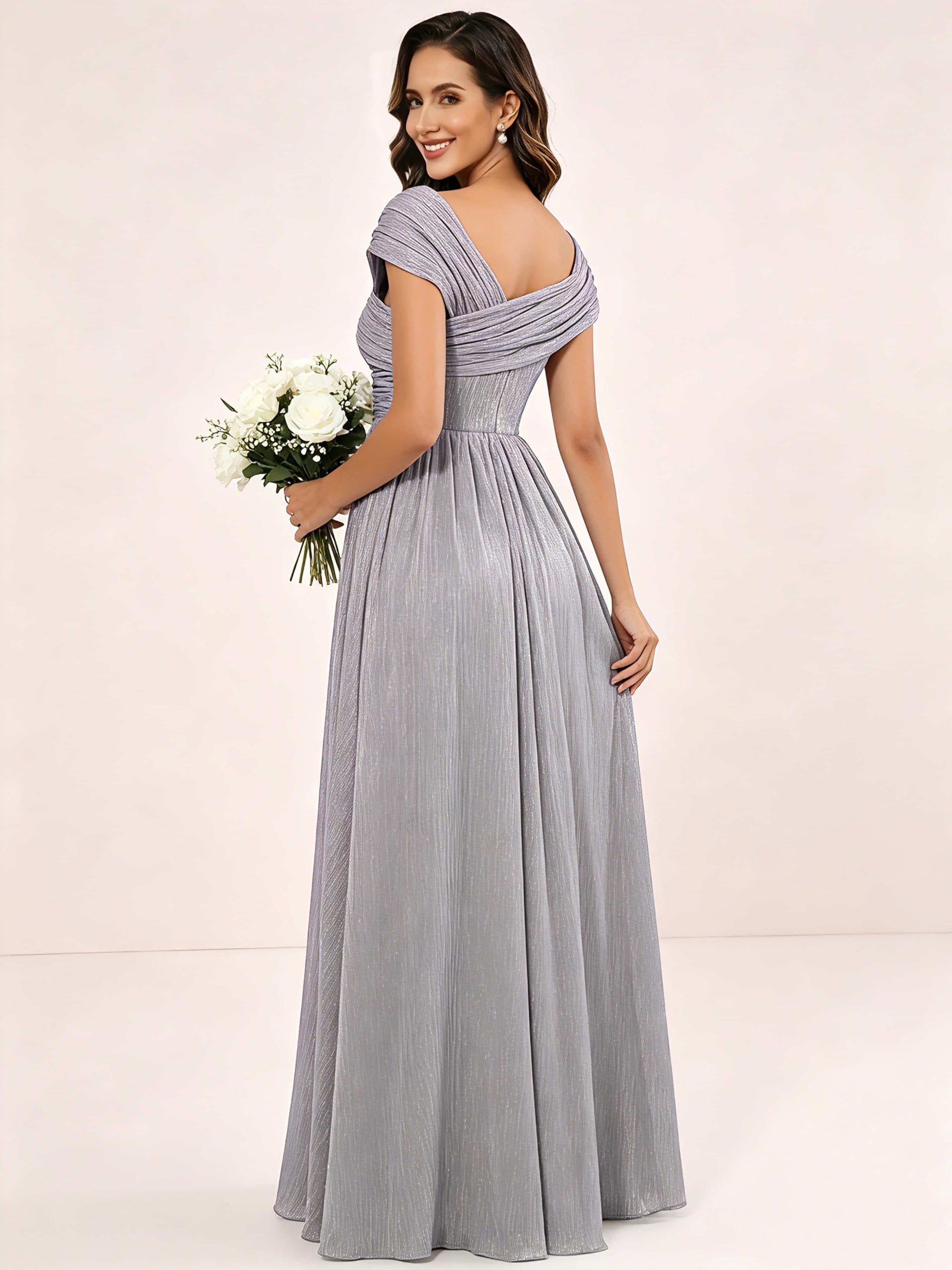 Shiny Striped Chiffon Ruched Cap Sleeve Mother of The Bride Dress
