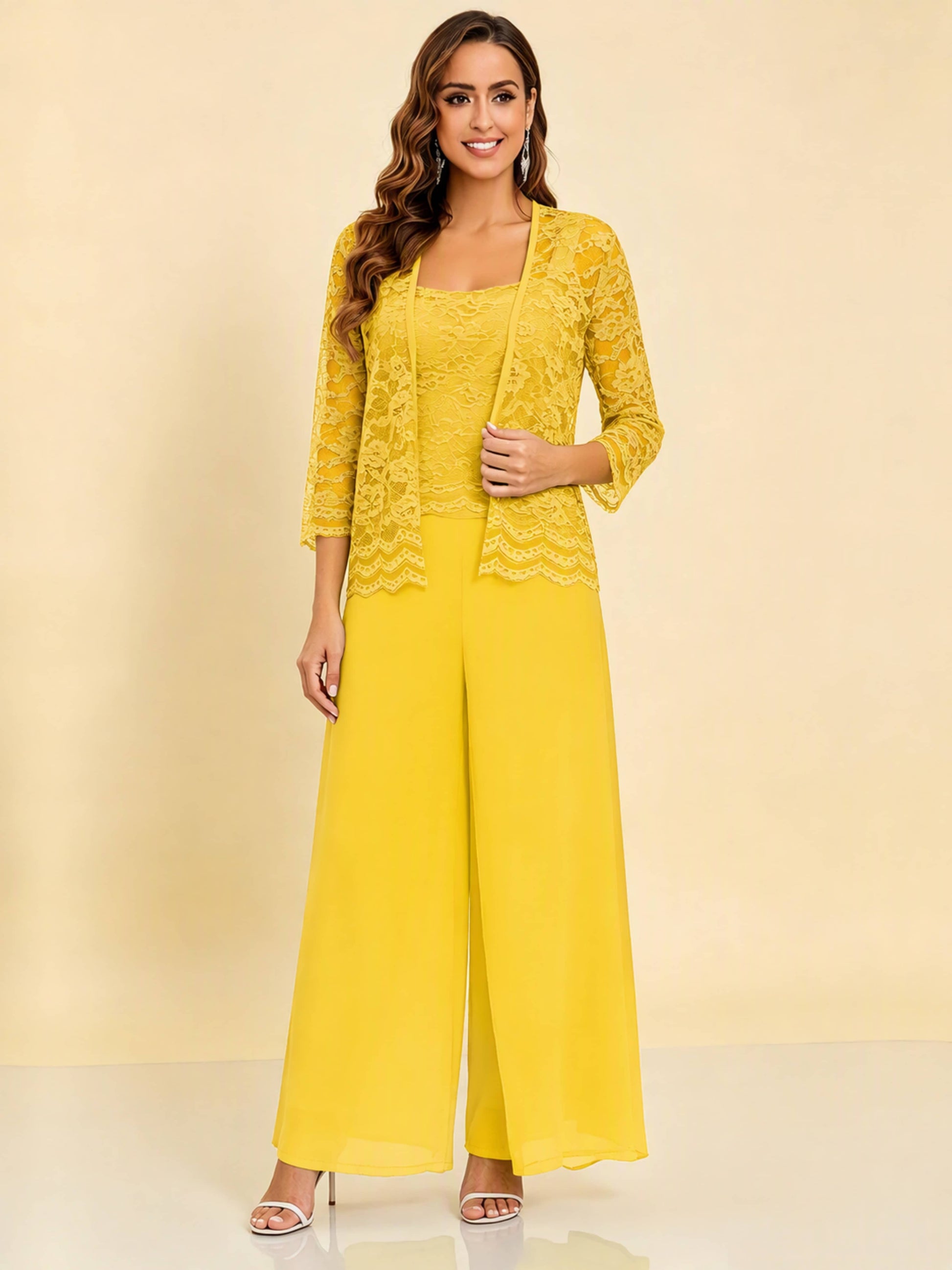 Chiffon Lace Flowy 3 Pieces Mother of The Bride Pant Suits Women Wedding