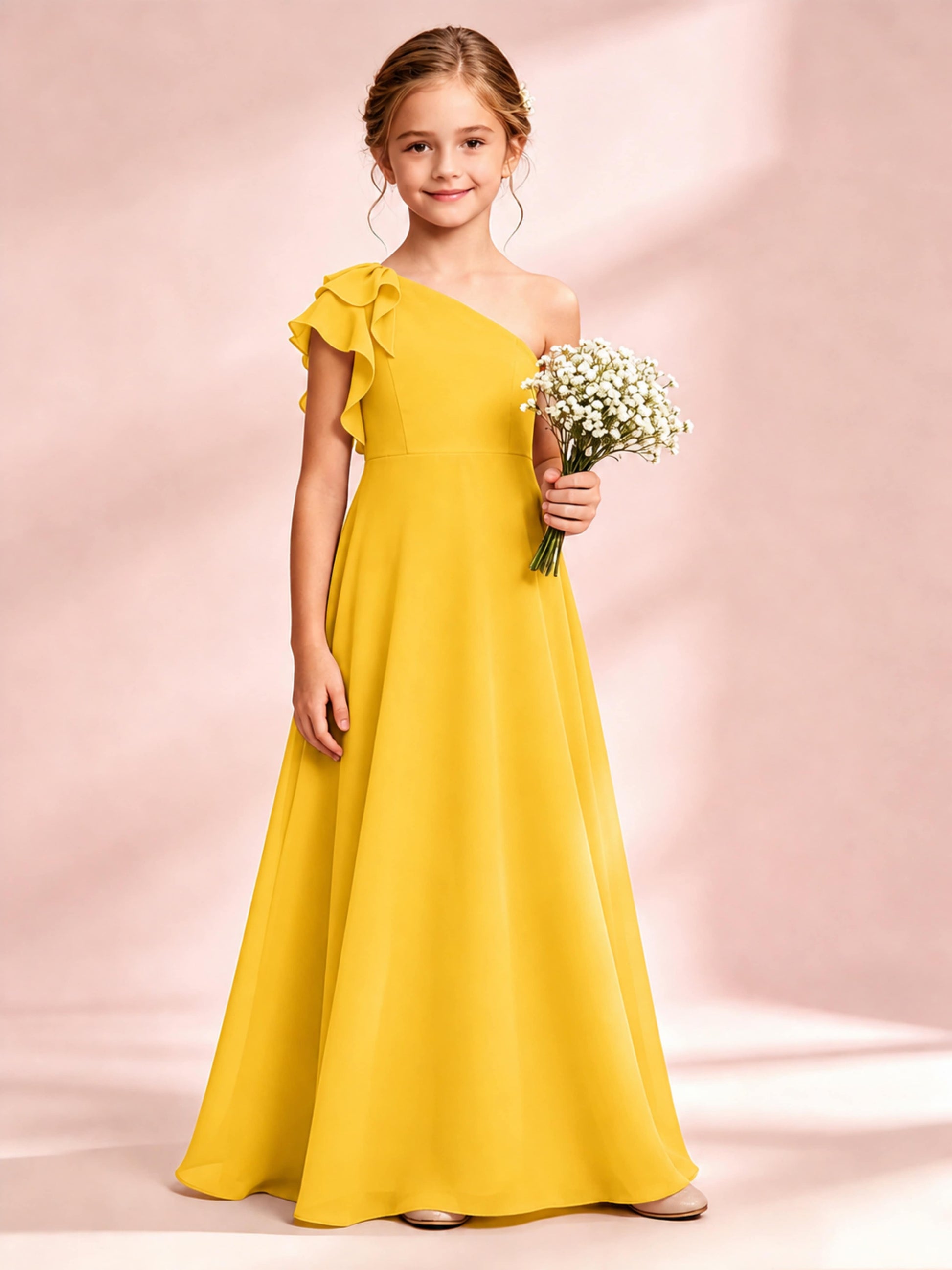 Chiffon Junior Bridesmaid Dress for Wedding One Shoulder Flower Girl Dresses