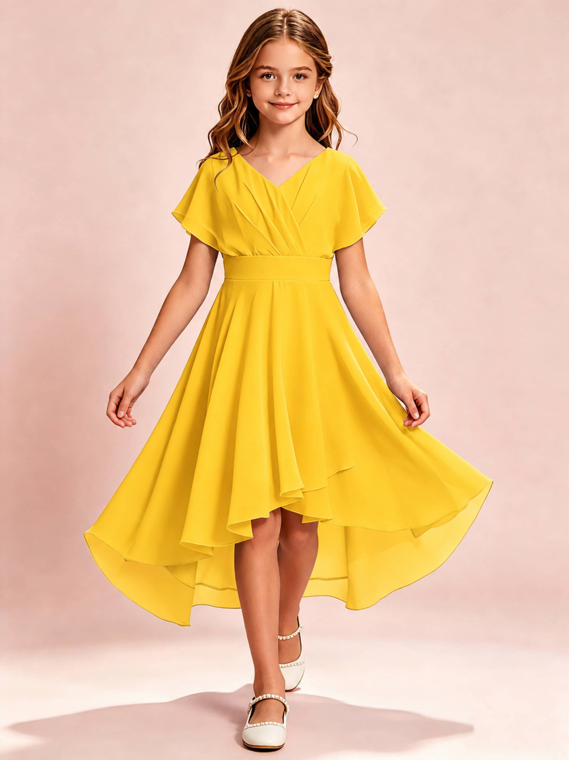Chiffon High Low Cap Sleeve Junior Bridesmaid Dress for Wedding