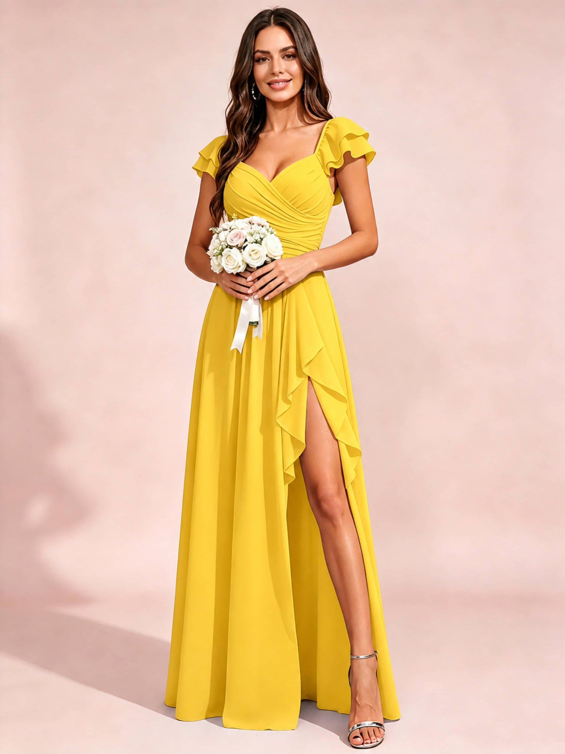 Chiffon Sweetheart Neck Ruched Bust Bridesmaid Dresses with Ruffle Slit