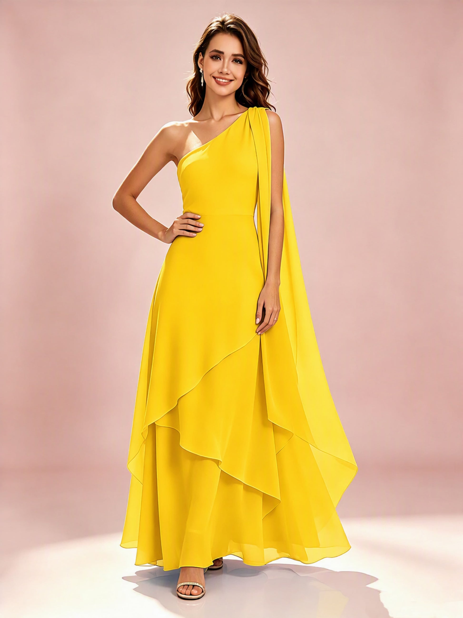 One Shoulder Chiffon Tiered Layered Bridesmaid Dresses for Wedding