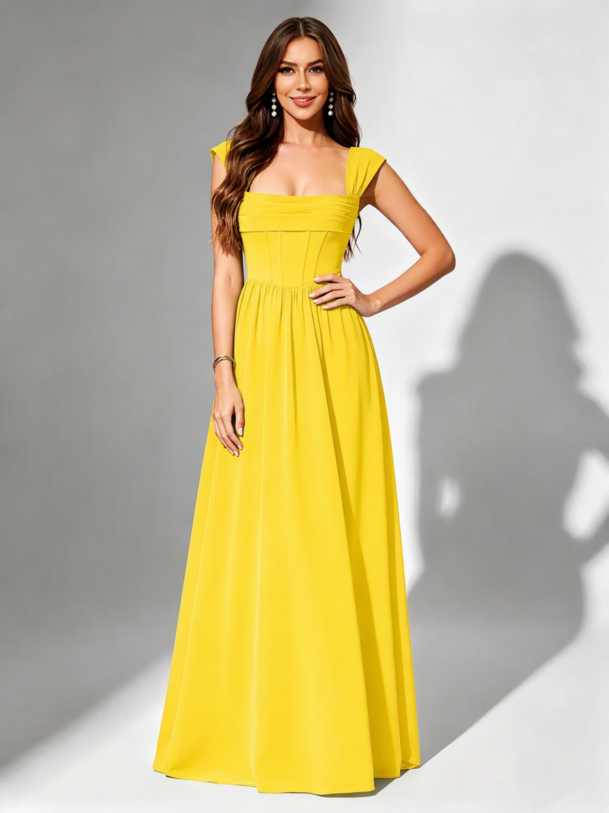 Square Neck Chiffon Bridesmaid Dress Corset Formal Gown