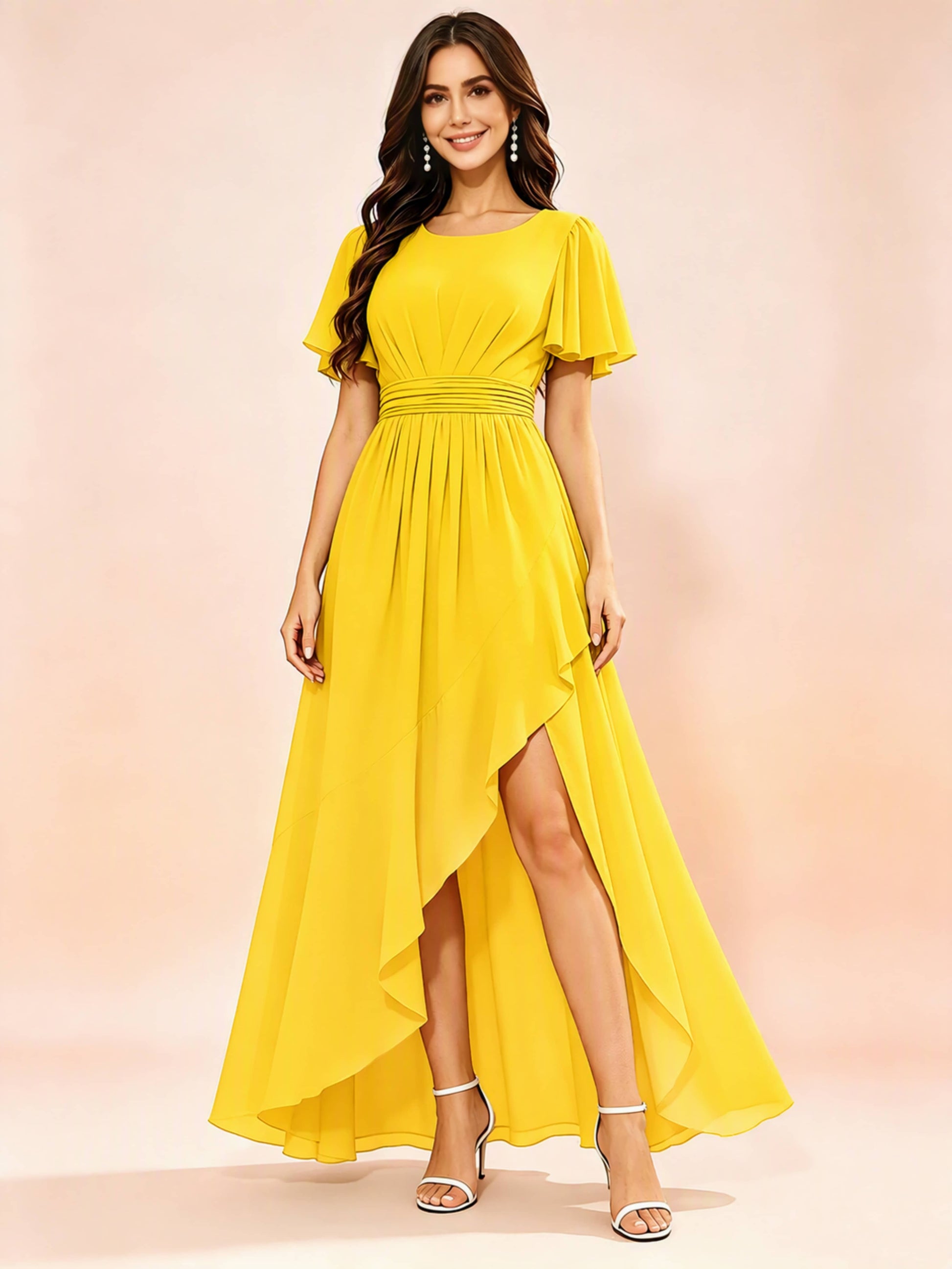Chiffon High Low Round Neck Bridesmaid / Wedding Guest Dresses