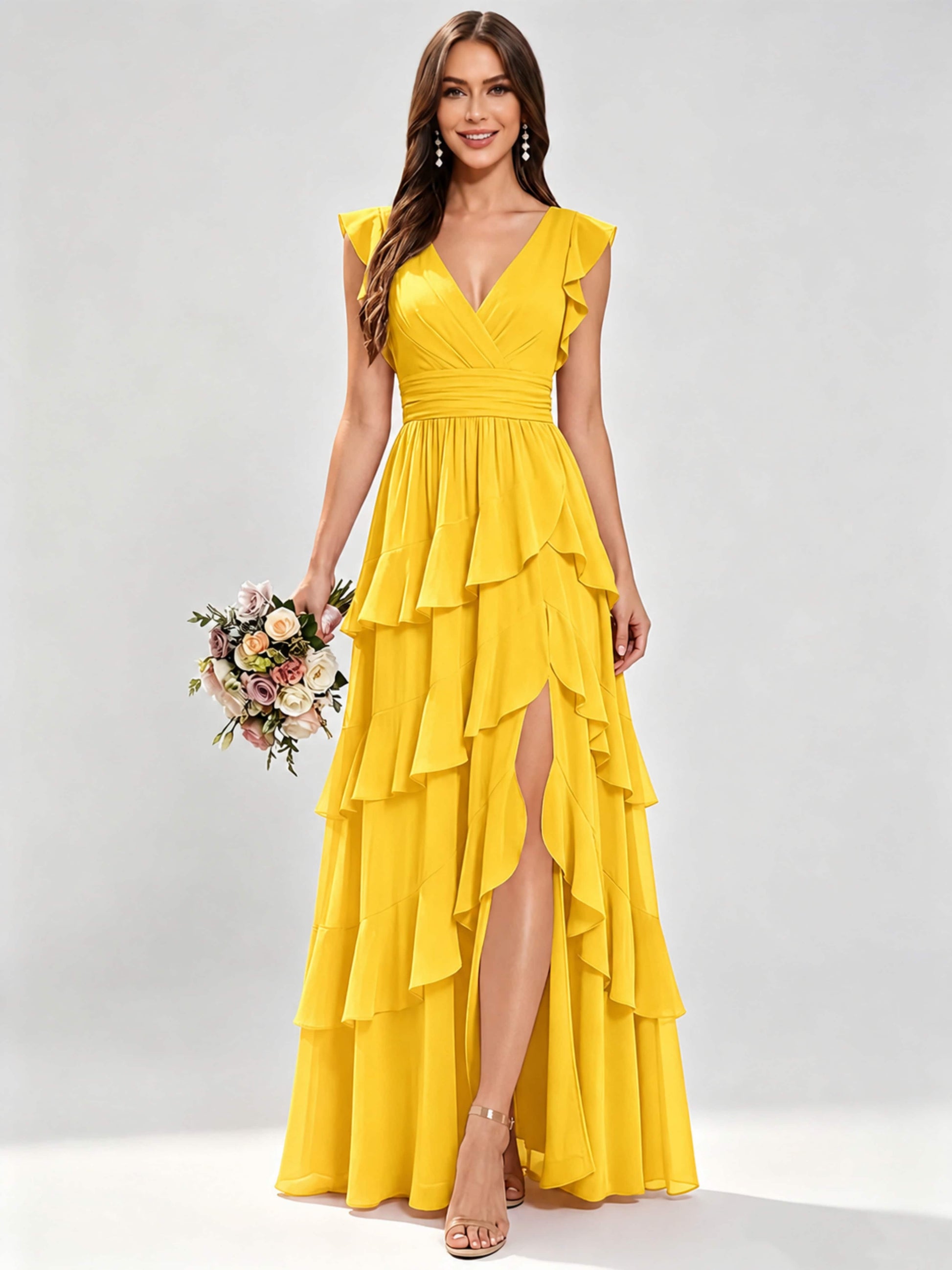 Ruffle Sleeve Tiered Chiffon Bridesmaid Dresses for Wedding with Slit