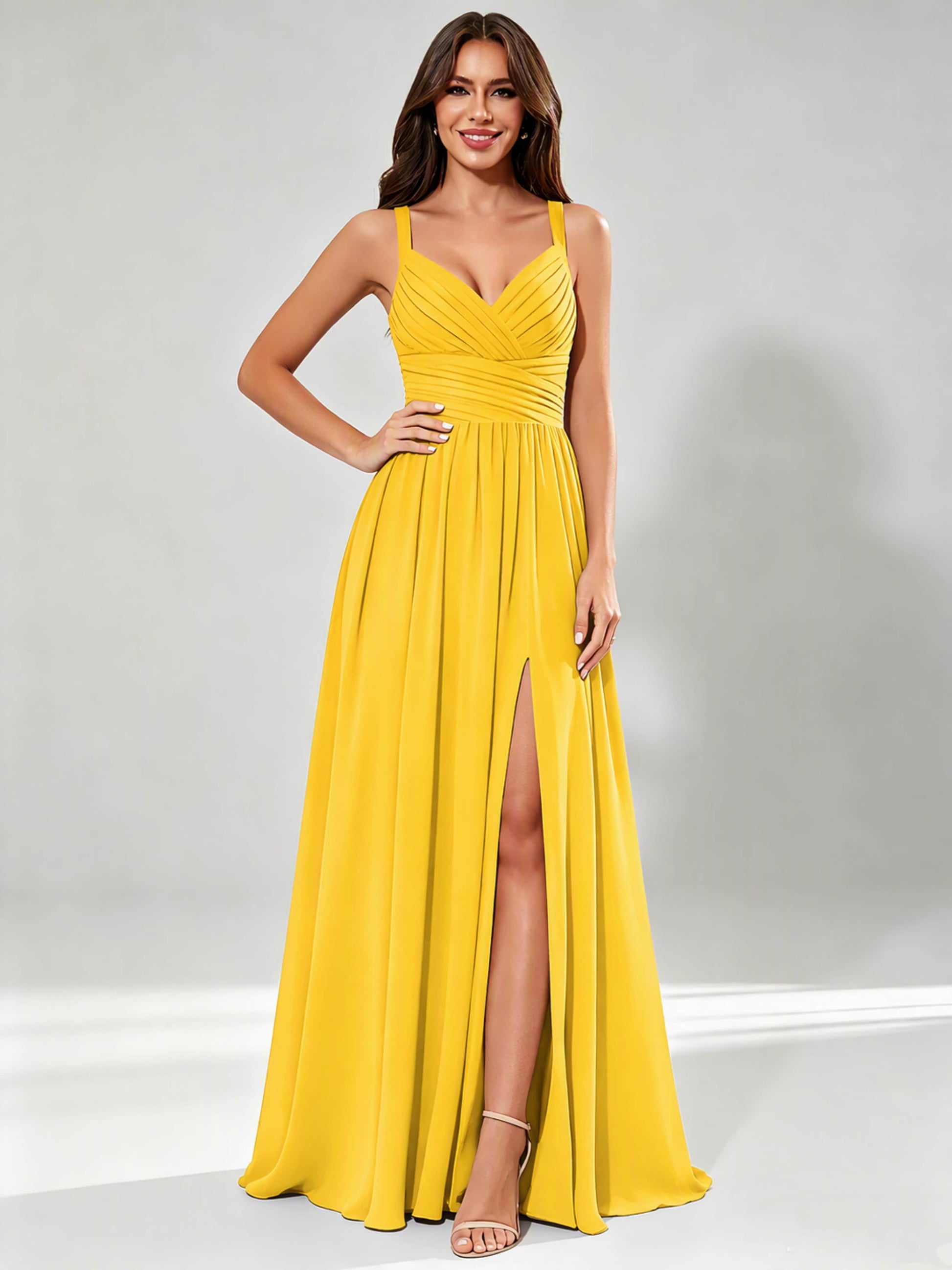 Spaghetti Straps Chiffon Ruched Bust Pleated Bridesmaid Dress for Wedding