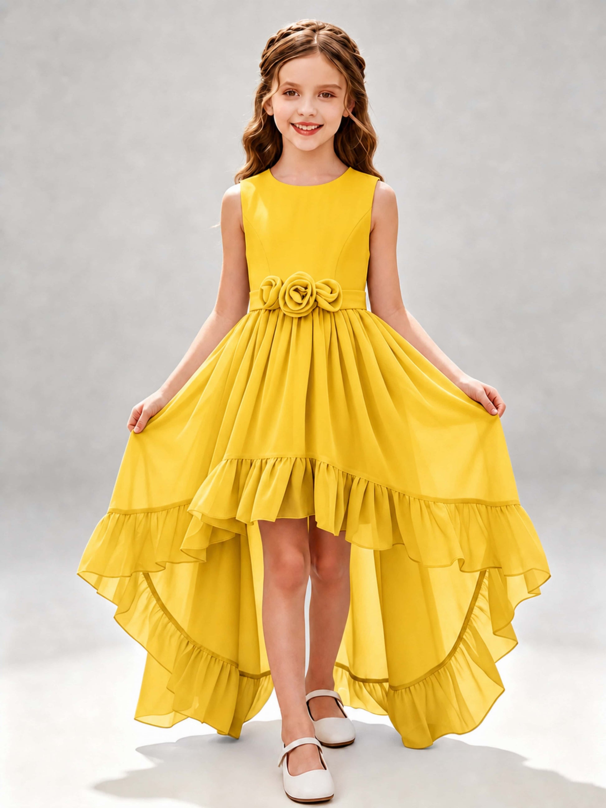 Chiffon 3D Flower High Low Junior Bridesmaid Dresses