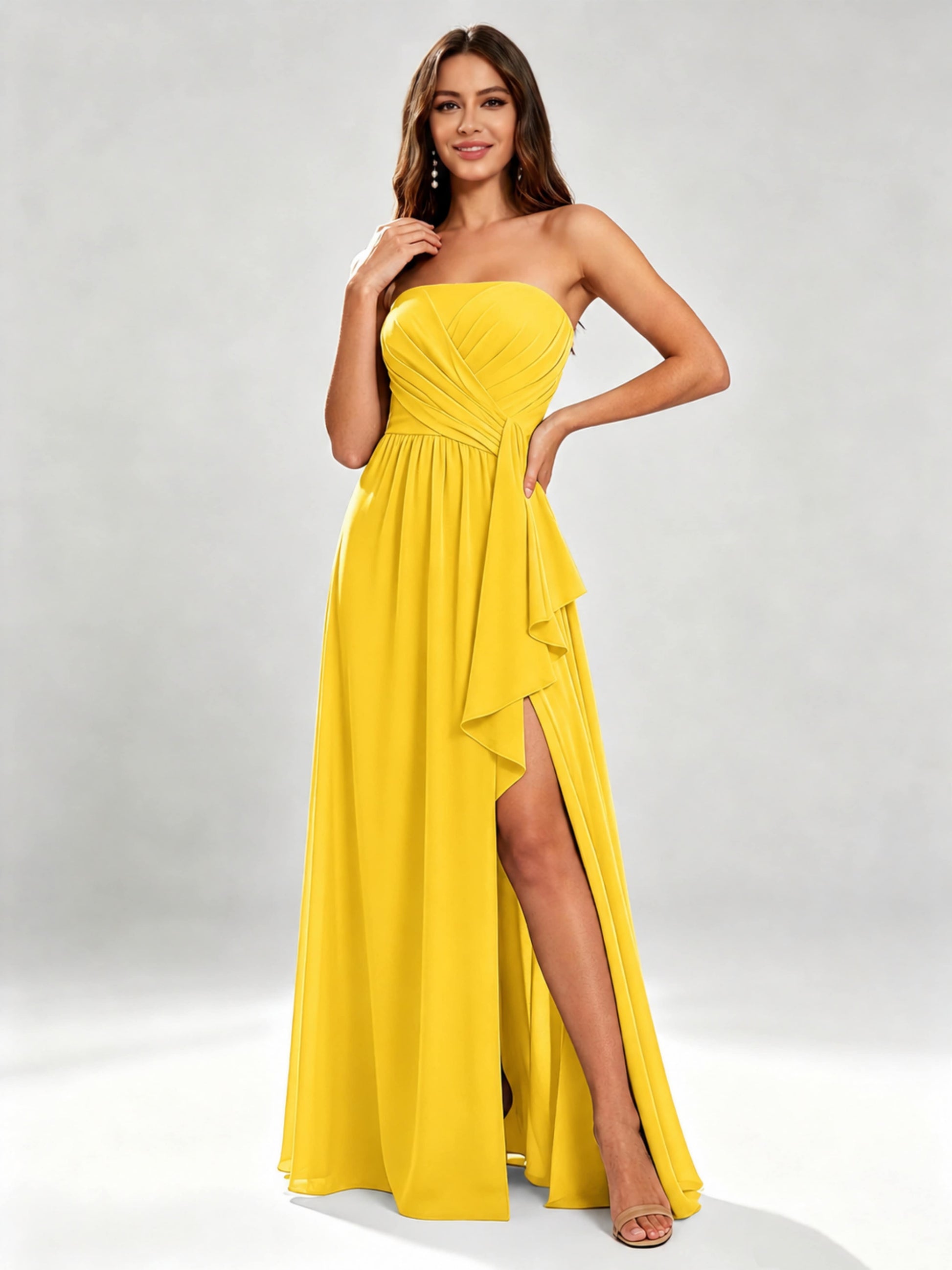 Chiffon Strapless Women's Bridesmaid Dresses with Slit