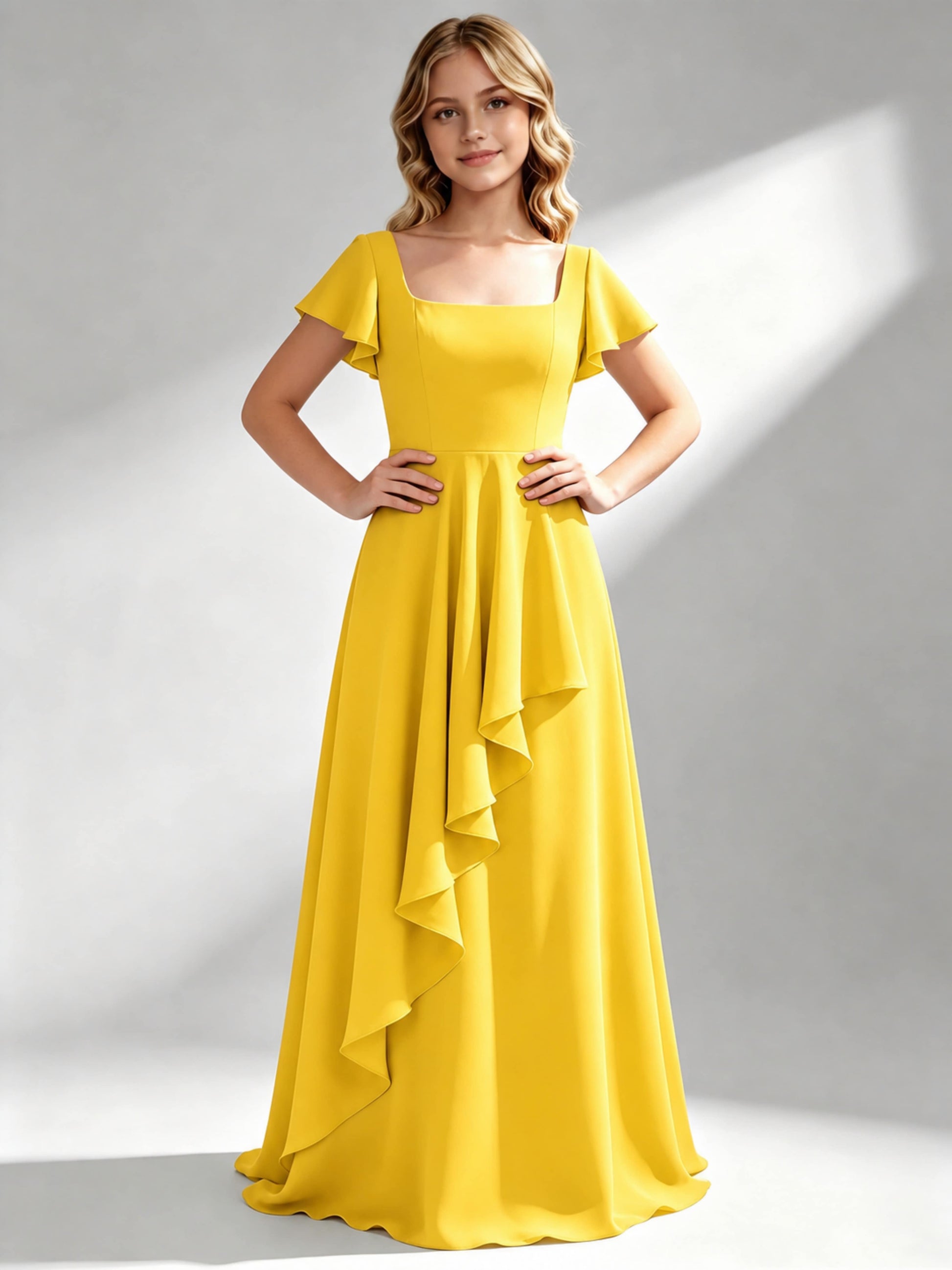A-Line Square Neck Ruffle Junior Bridesmaid Dresses