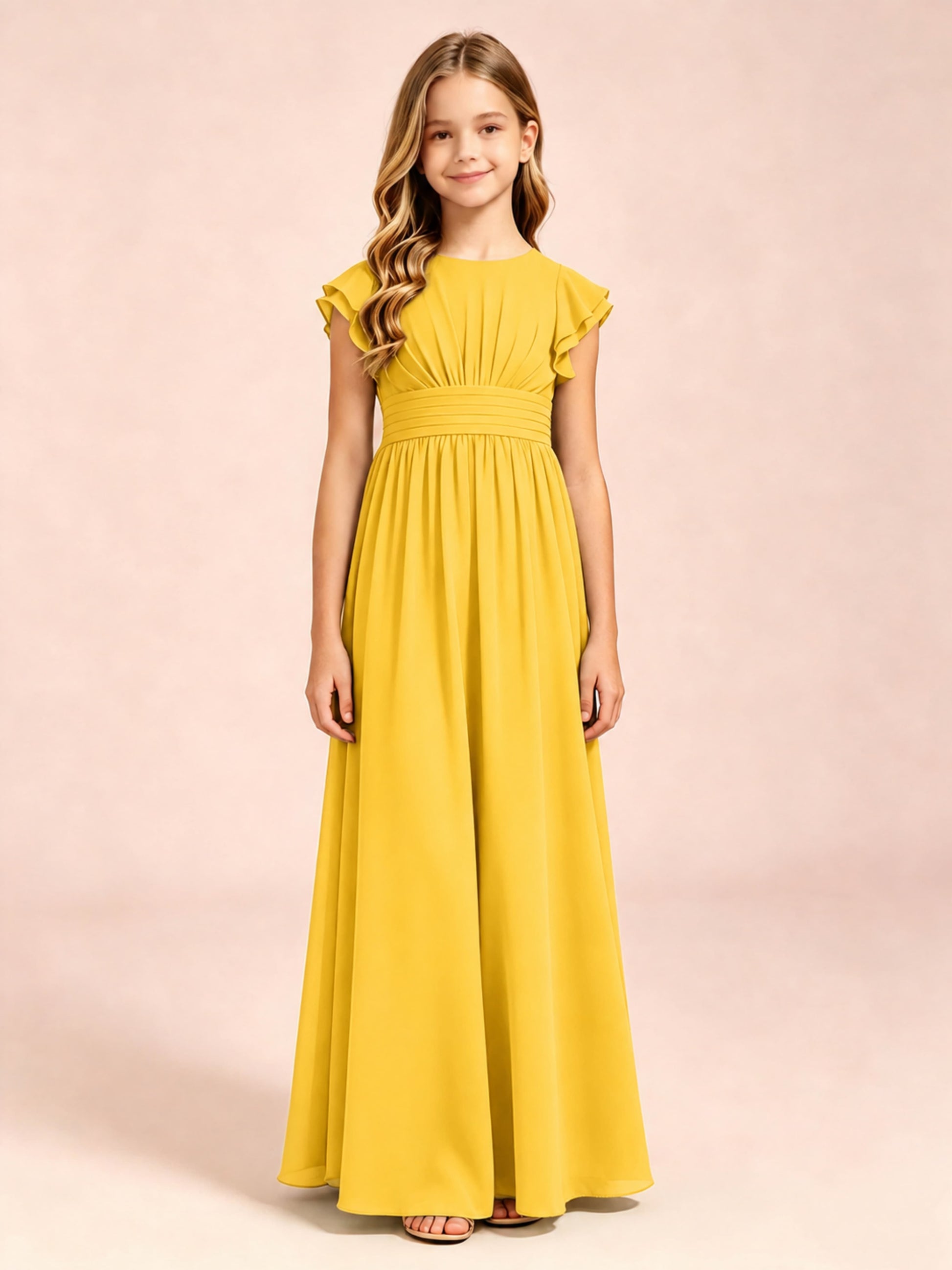 Chiffon Ruffle Cap Sleeve Junior Bridesmaid Dress for Wedding