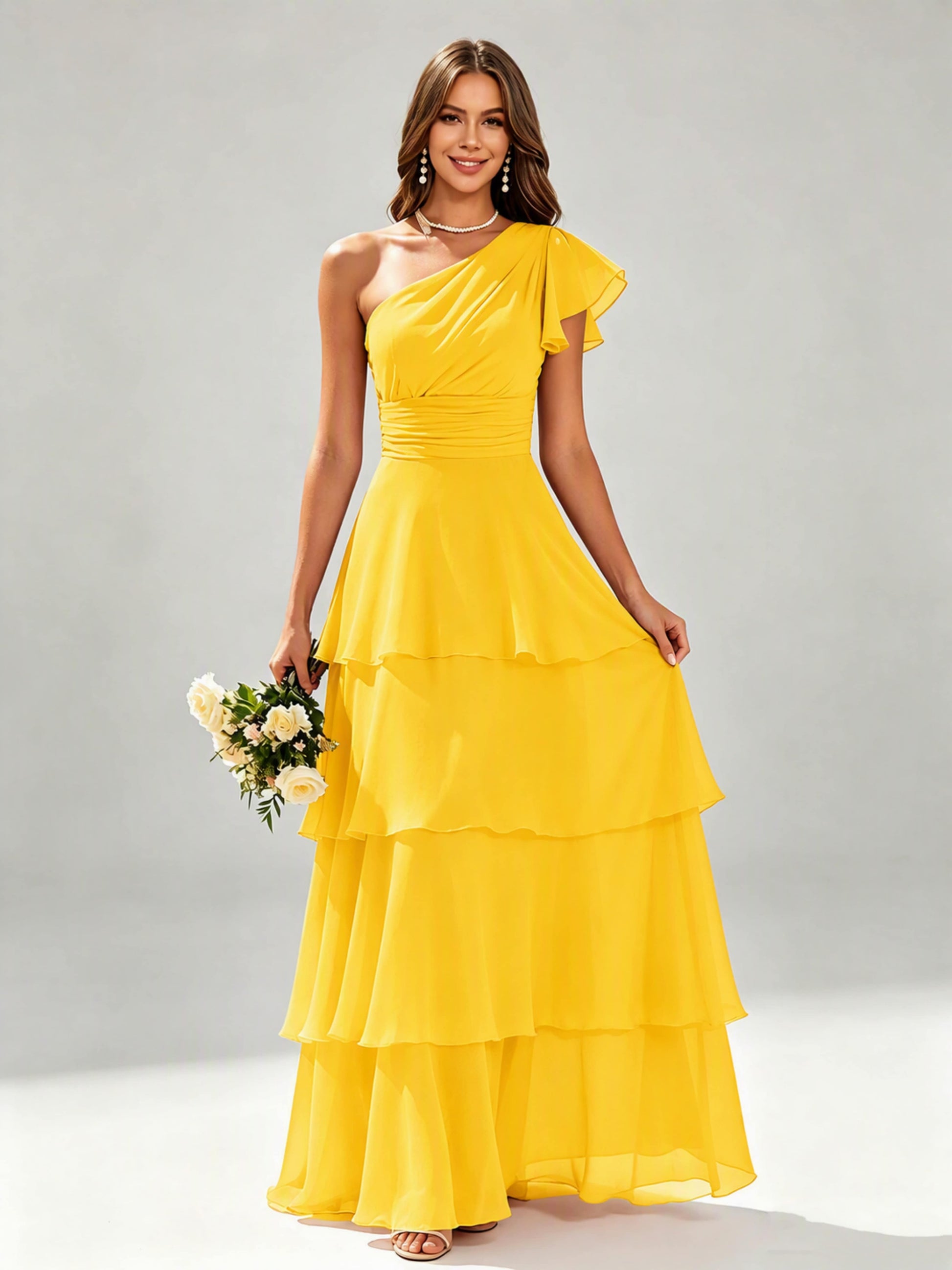 One Shoulder Ruffle Tiered Chiffon Bridesmaid Dress for Wedding