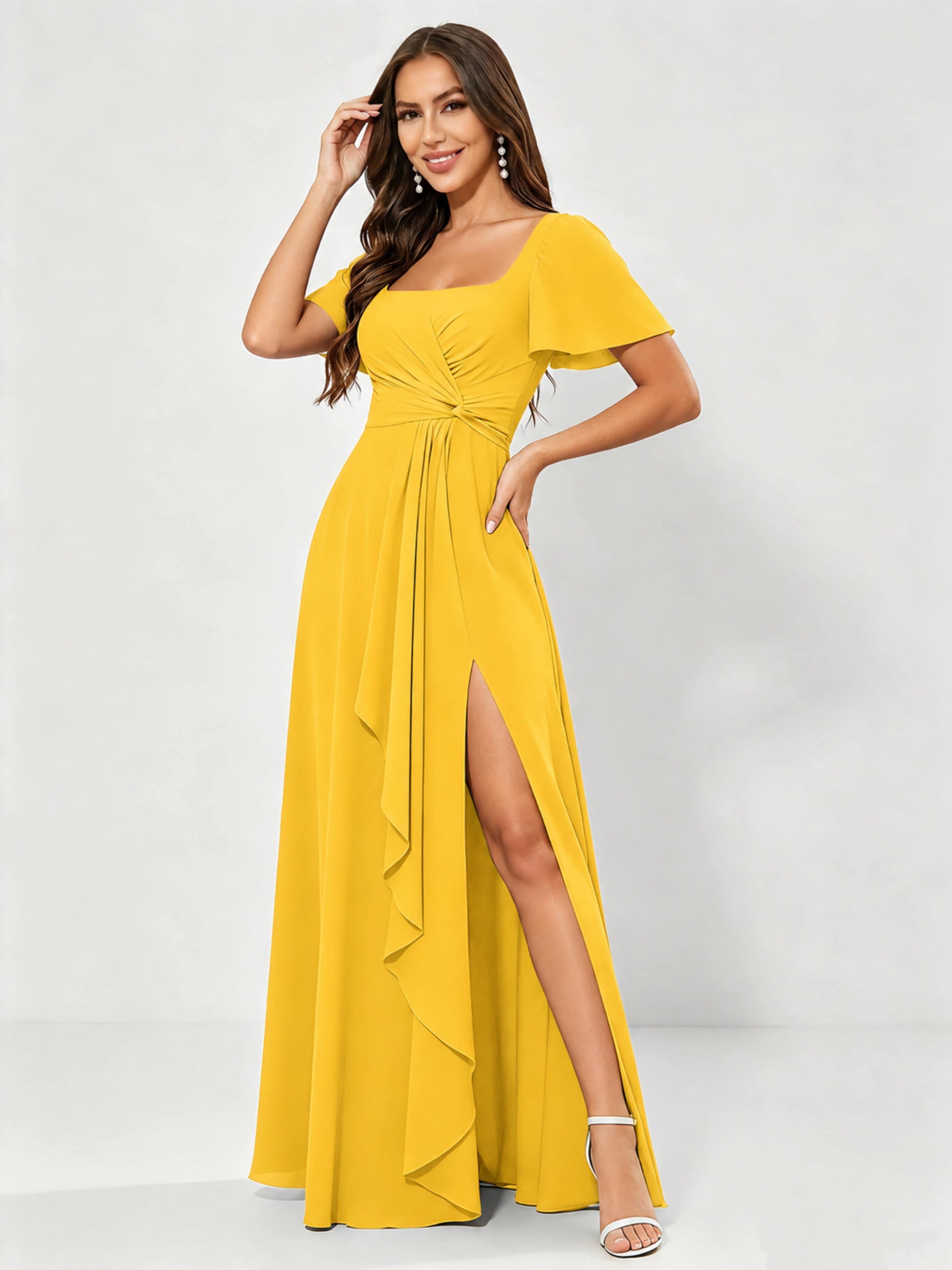 Square Neck Chiffon Ruffle Bridesmaid Dress with Slit
