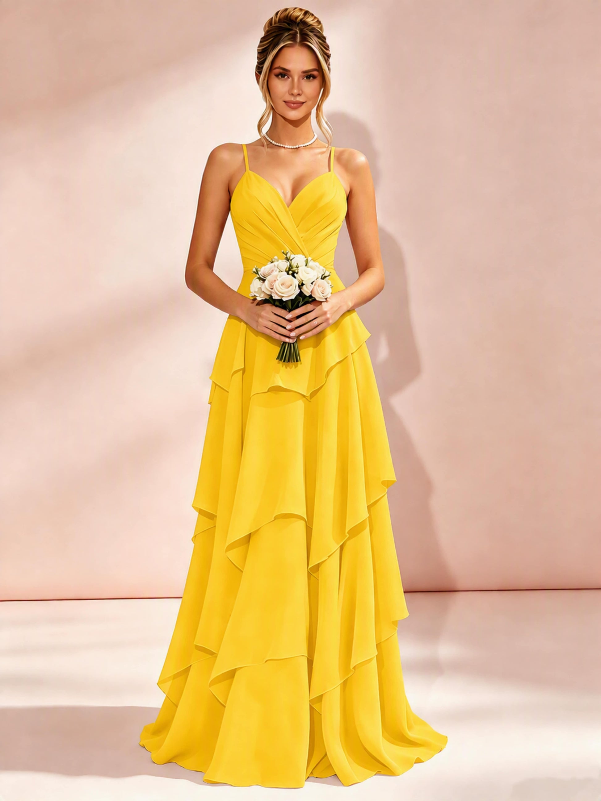 Spaghetti Straps Ruffle Tiered Chiffon Bridesmaid Dress for Wedding