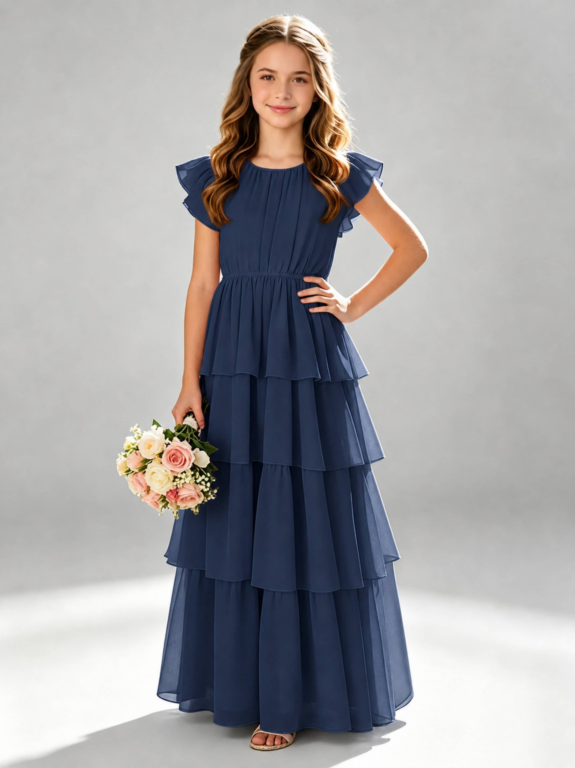 Chiffon Tiered Pleated Long Junior Bridesmaid Dresses