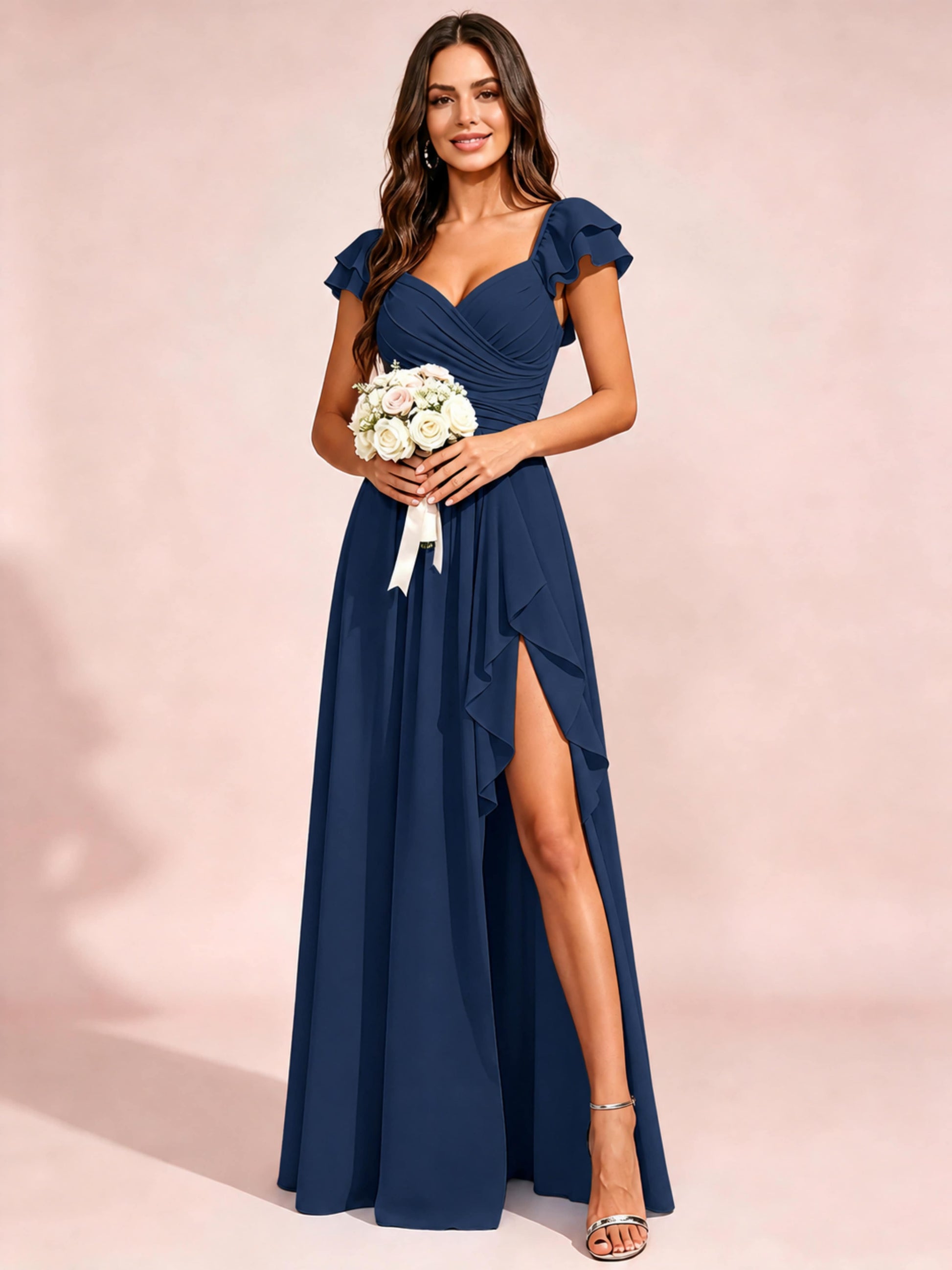 Chiffon Sweetheart Neck Ruched Bust Bridesmaid Dresses with Ruffle Slit