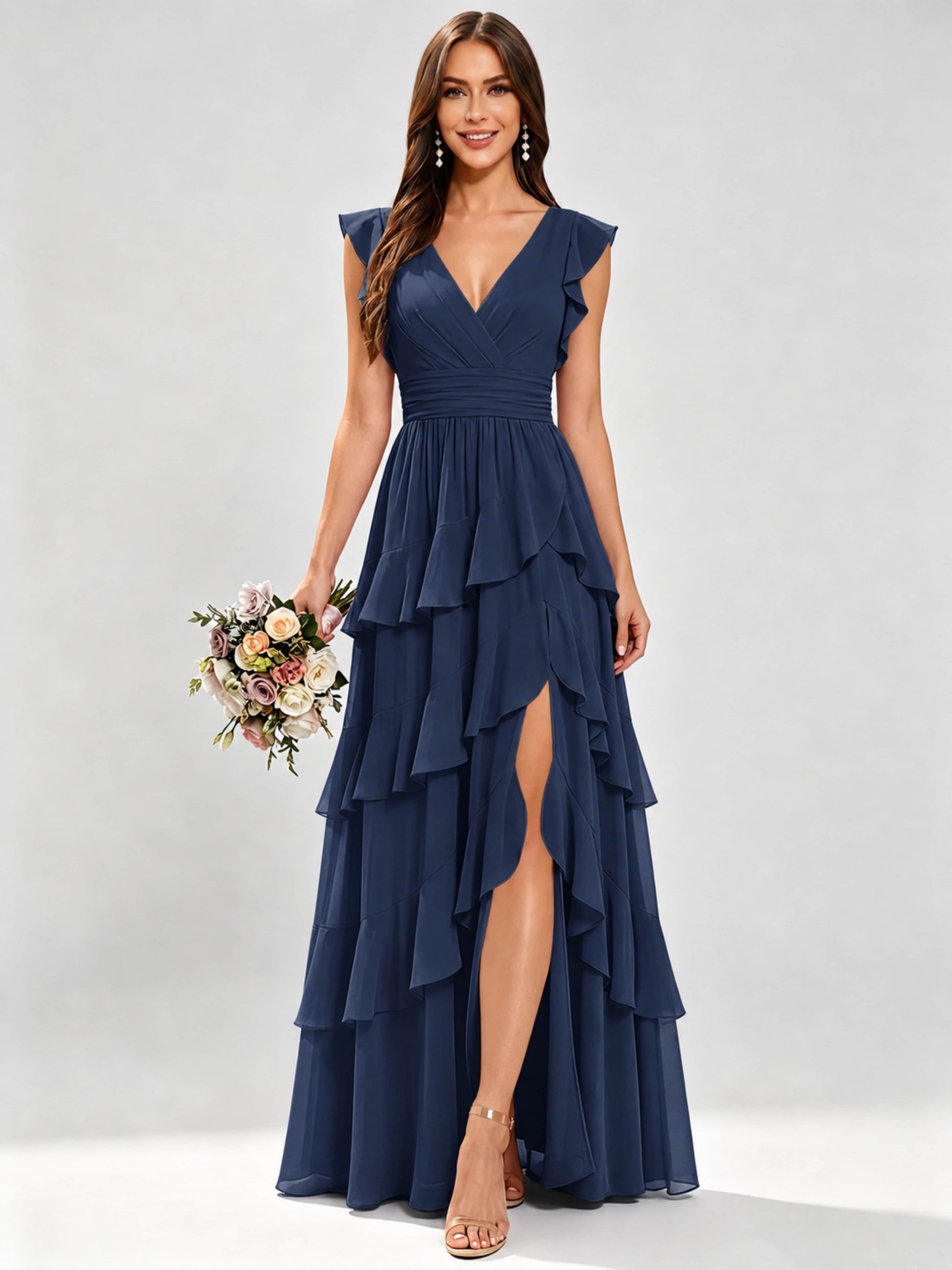 Ruffle Sleeve Tiered Chiffon Bridesmaid Dresses for Wedding with Slit