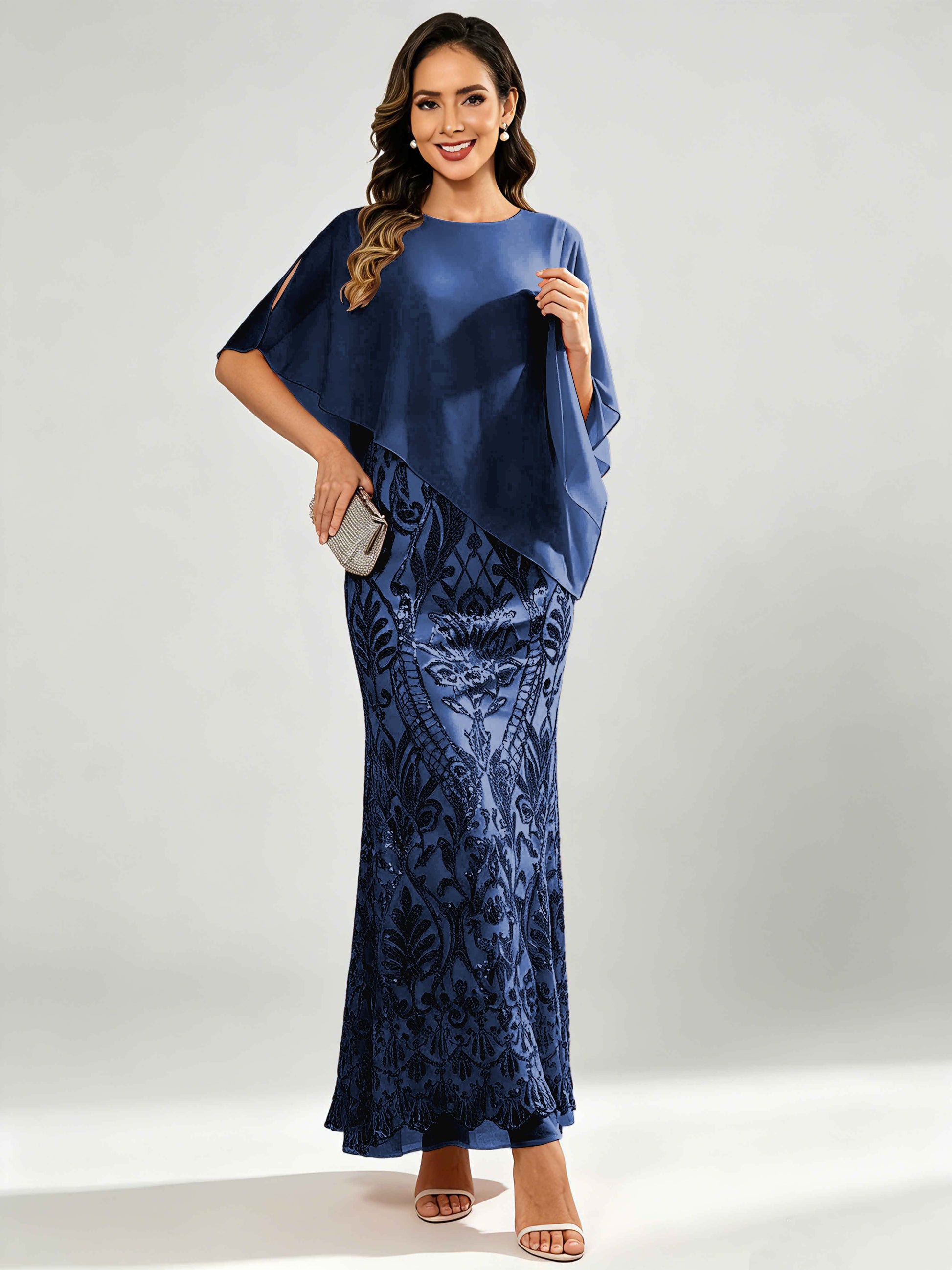 Mermaid Sequin Mother of The Bride Dress with Chiffon Cape