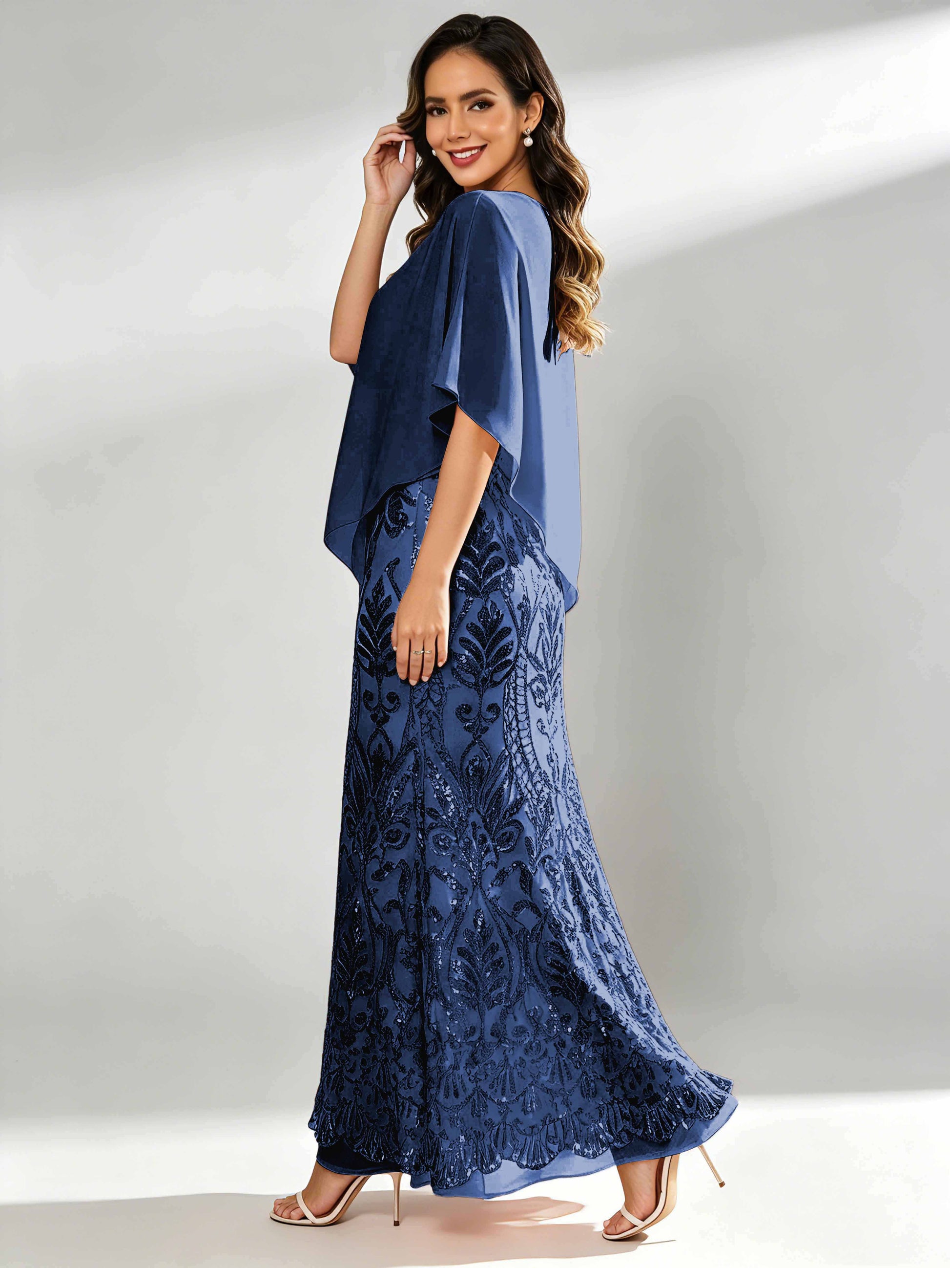 Mermaid Sequin Mother of The Bride Dress with Chiffon Cape