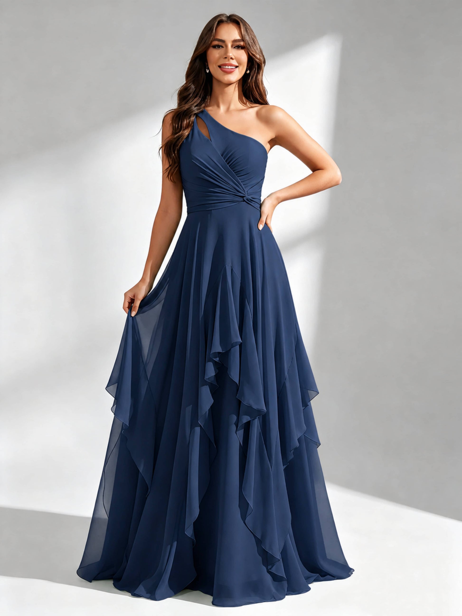 One Shoulder Ruffle Bridesmaid Dresses Formal Evening Gown