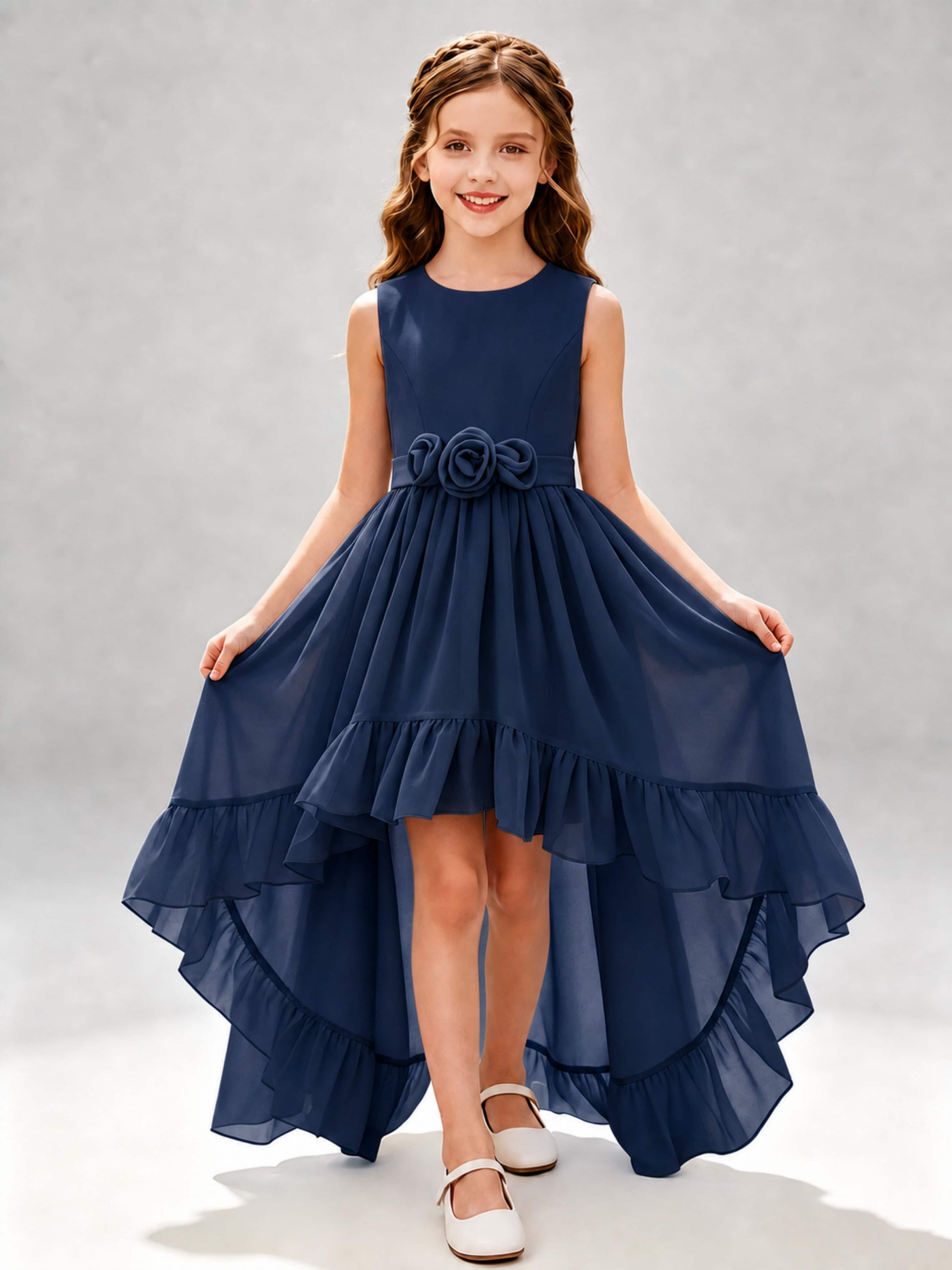Chiffon 3D Flower High Low Junior Bridesmaid Dresses