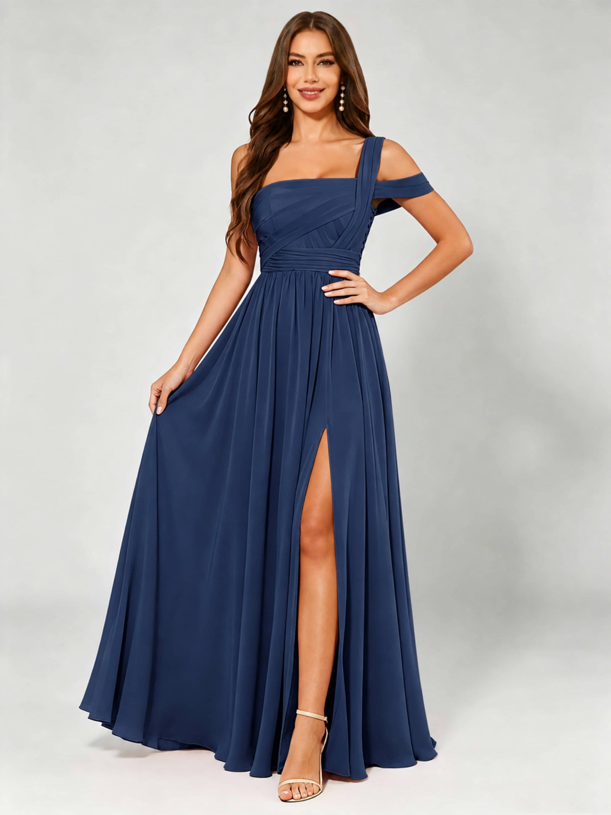 One Shoulder Chiffon Pleated Bridesmaid Dresses for Wedding