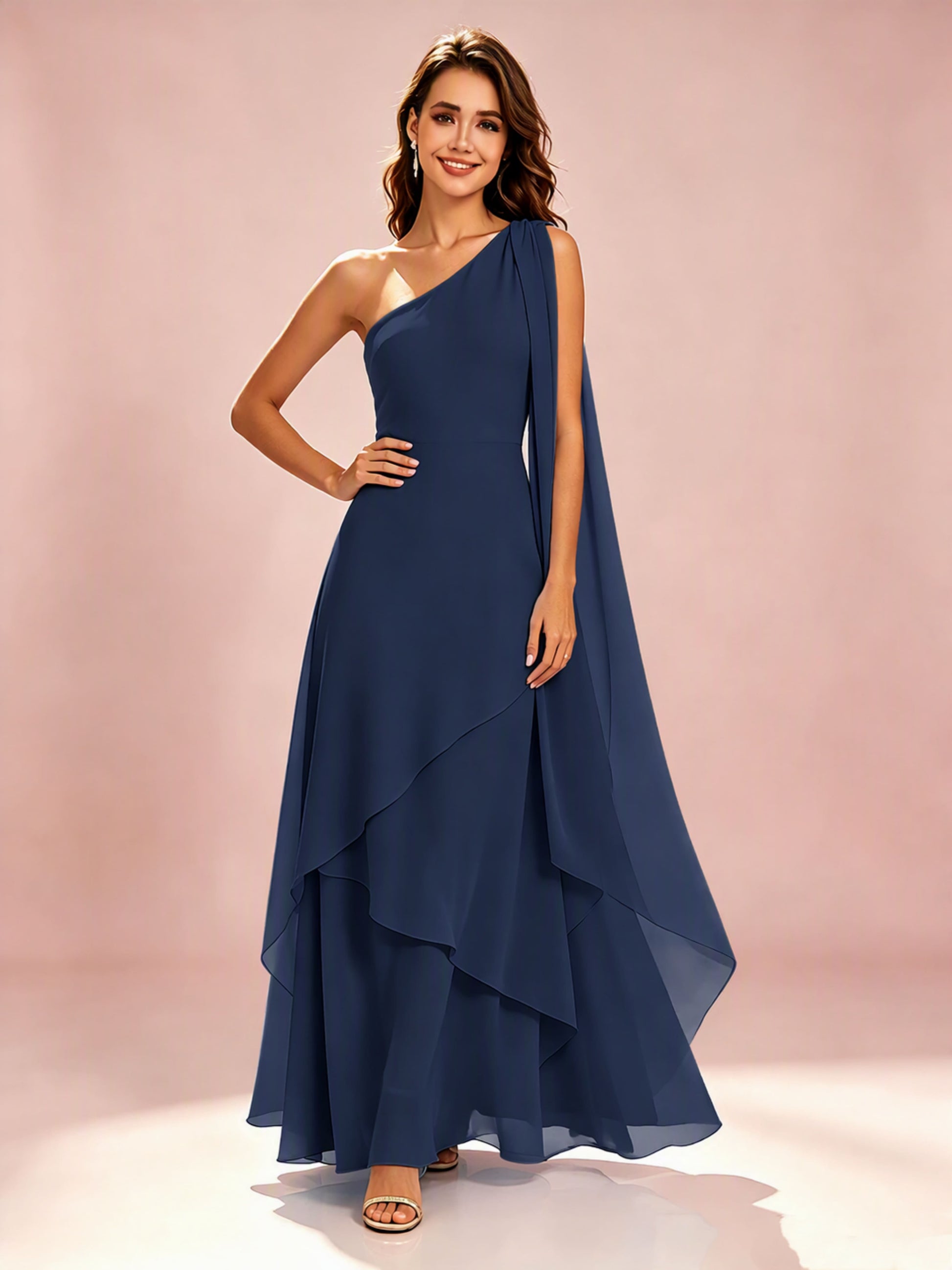 One Shoulder Chiffon Tiered Layered Bridesmaid Dresses for Wedding