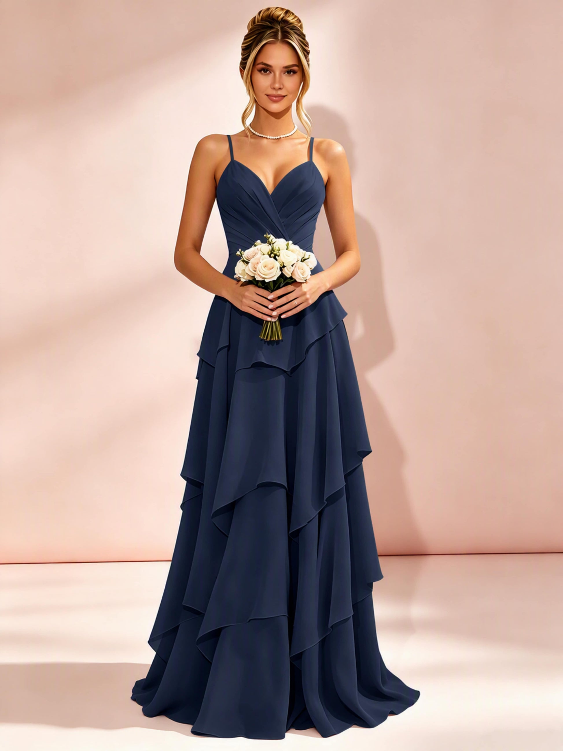 Spaghetti Straps Ruffle Tiered Chiffon Bridesmaid Dress for Wedding