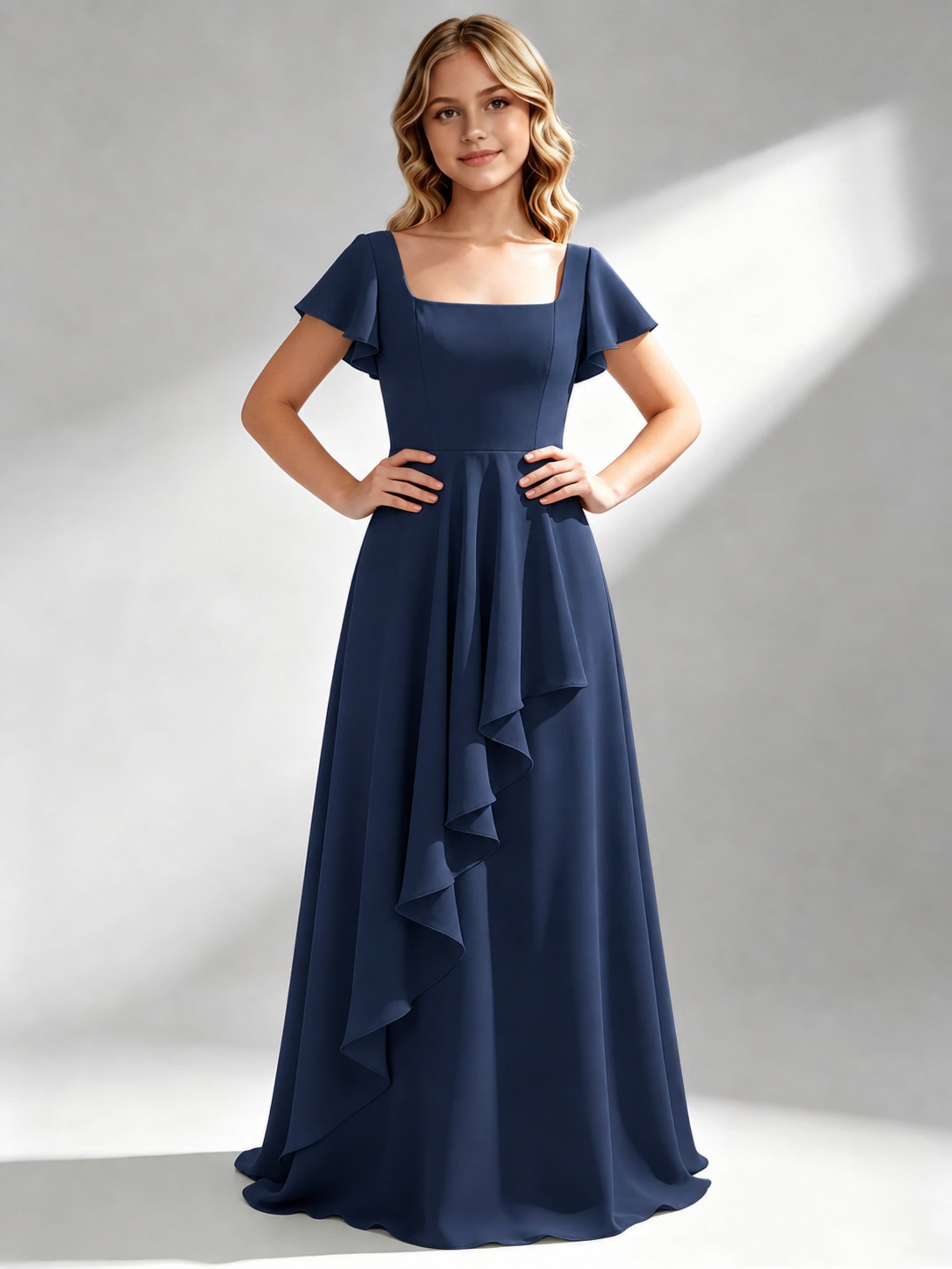 A-Line Square Neck Ruffle Junior Bridesmaid Dresses