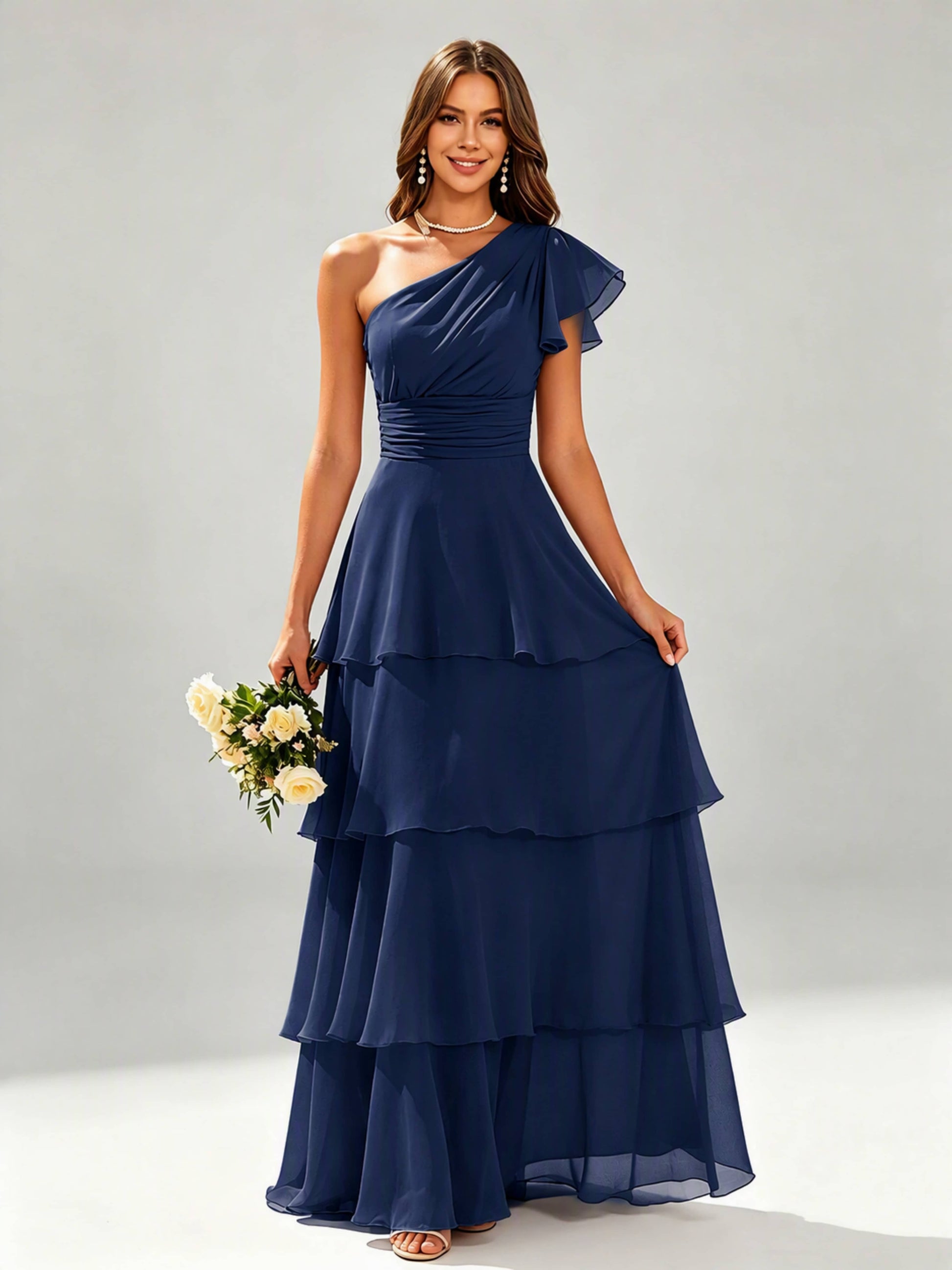 One Shoulder Ruffle Tiered Chiffon Bridesmaid Dress for Wedding