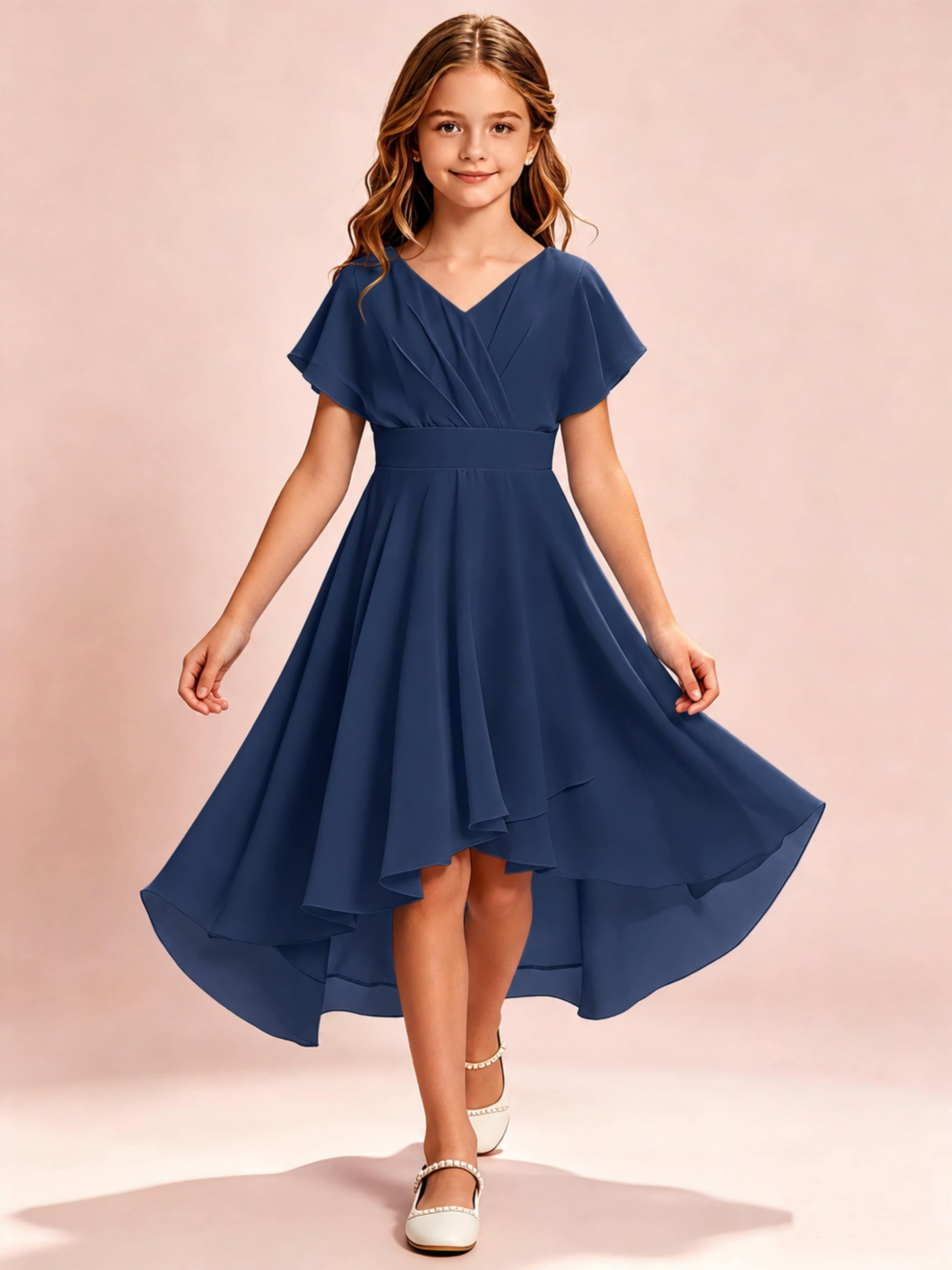 Chiffon High Low Cap Sleeve Junior Bridesmaid Dress for Wedding