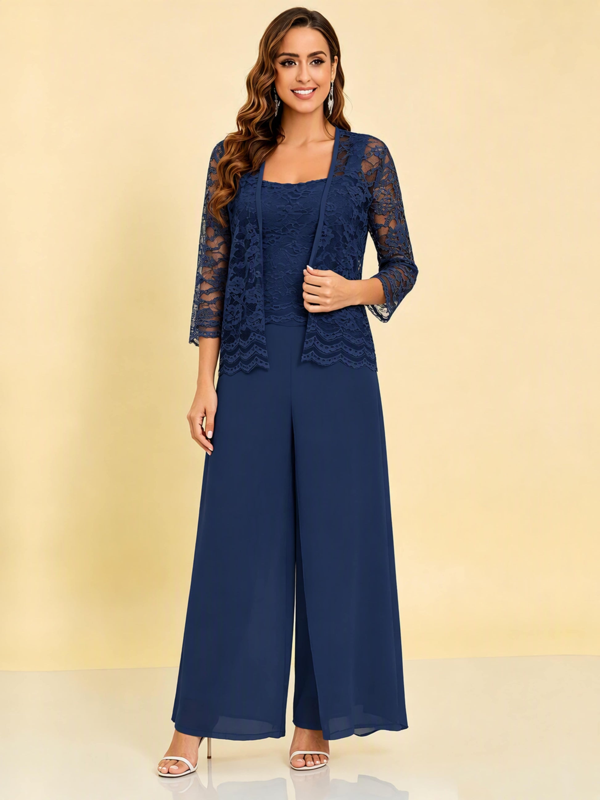 Chiffon Lace Flowy 3 Pieces Mother of The Bride Pant Suits Women Wedding