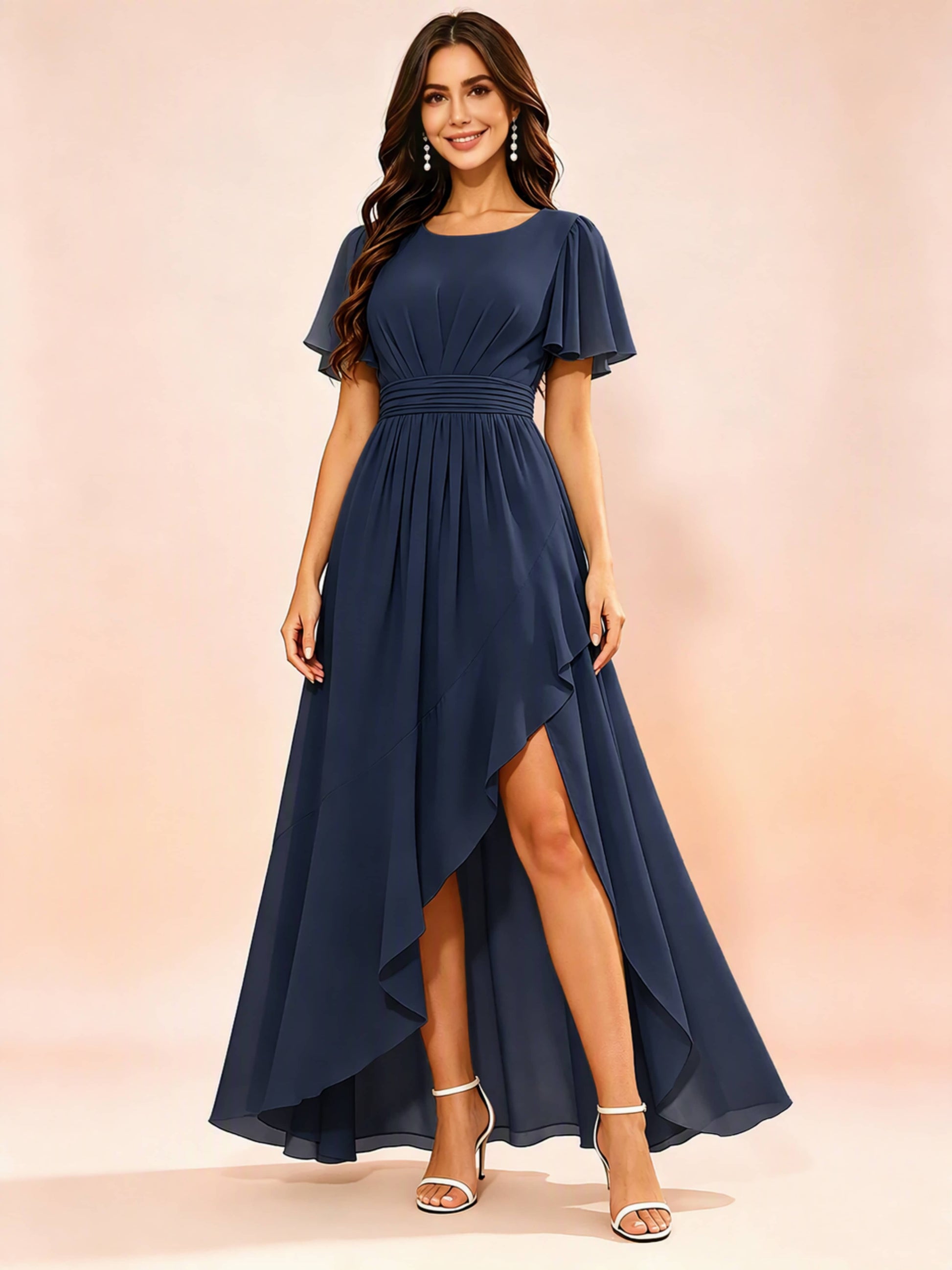 Chiffon High Low Round Neck Bridesmaid / Wedding Guest Dresses