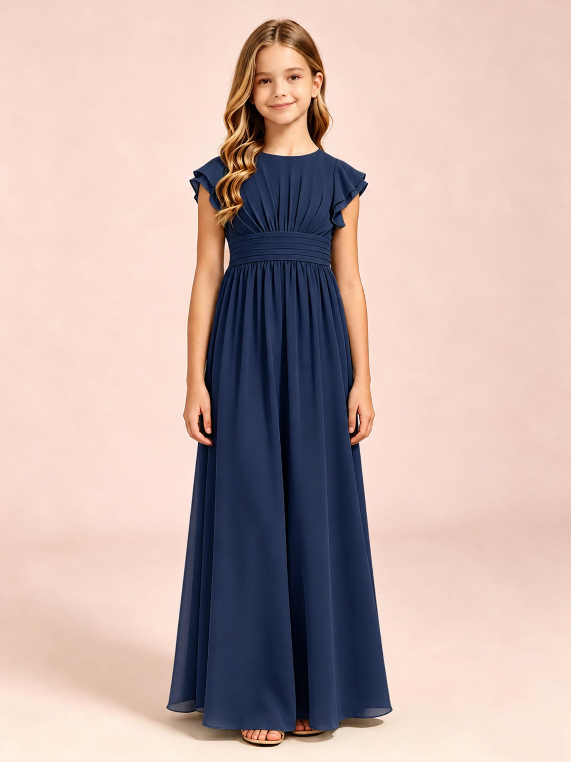 Chiffon Ruffle Cap Sleeve Junior Bridesmaid Dress for Wedding