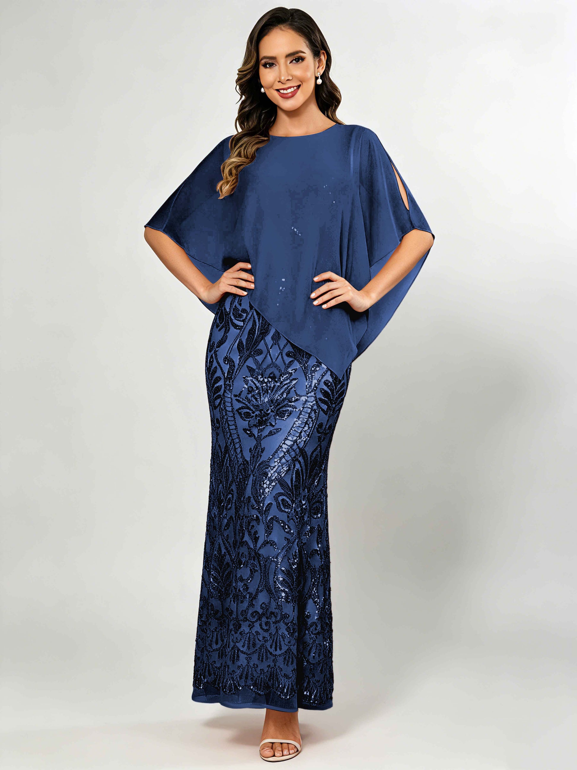 Mermaid Sequin Mother of The Bride Dress with Chiffon Cape