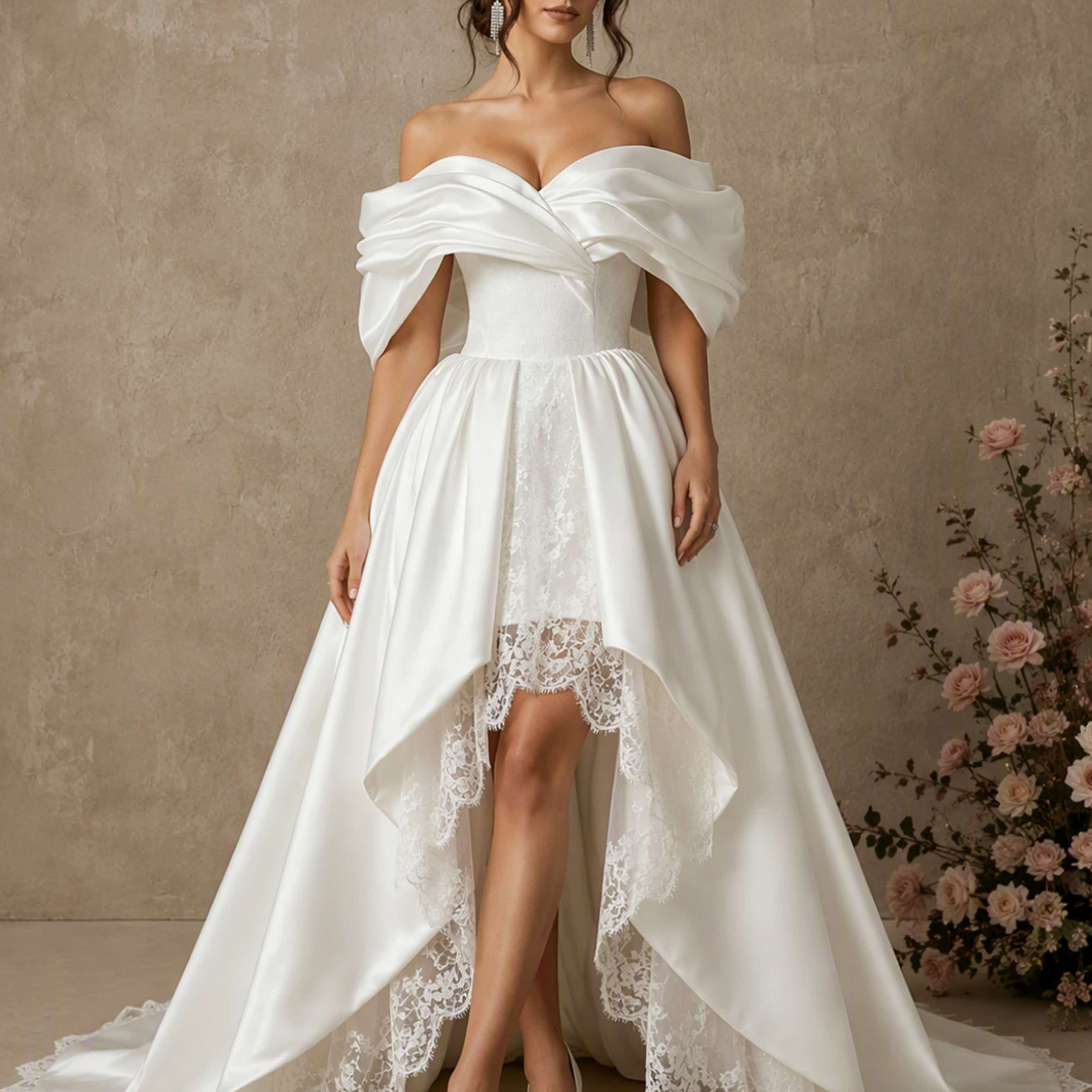 Off The Shoulder Satin Lace High Low Wedding Dress Ball Gown