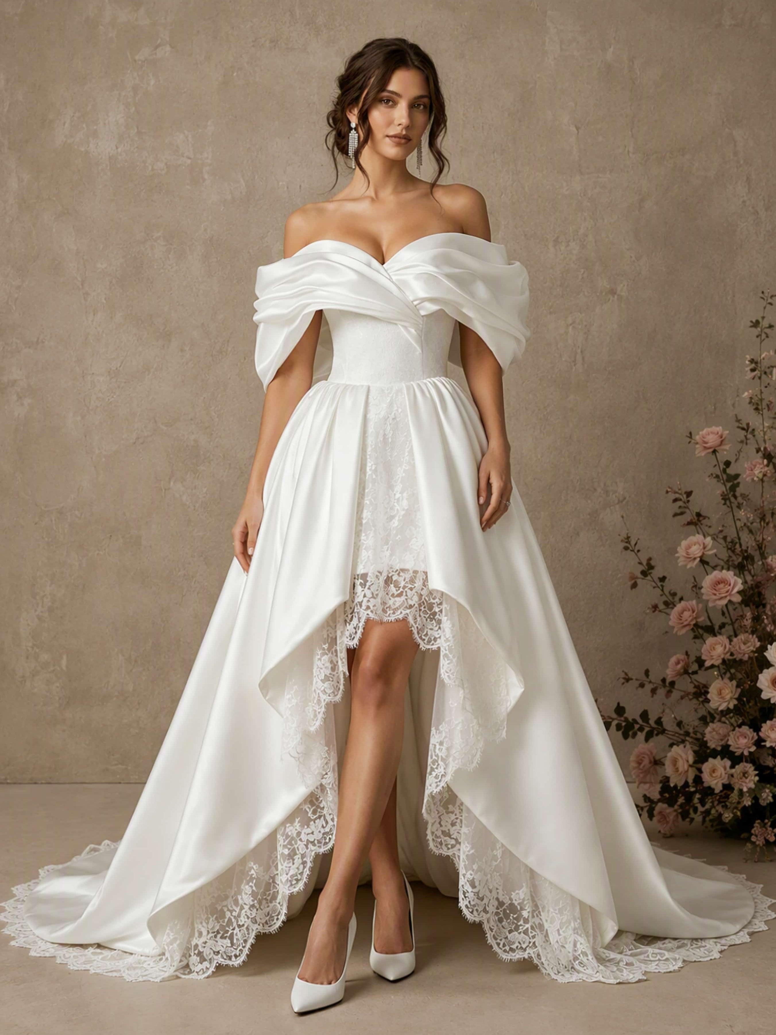 Off The Shoulder Satin Lace High Low Wedding Dress Ball Gown