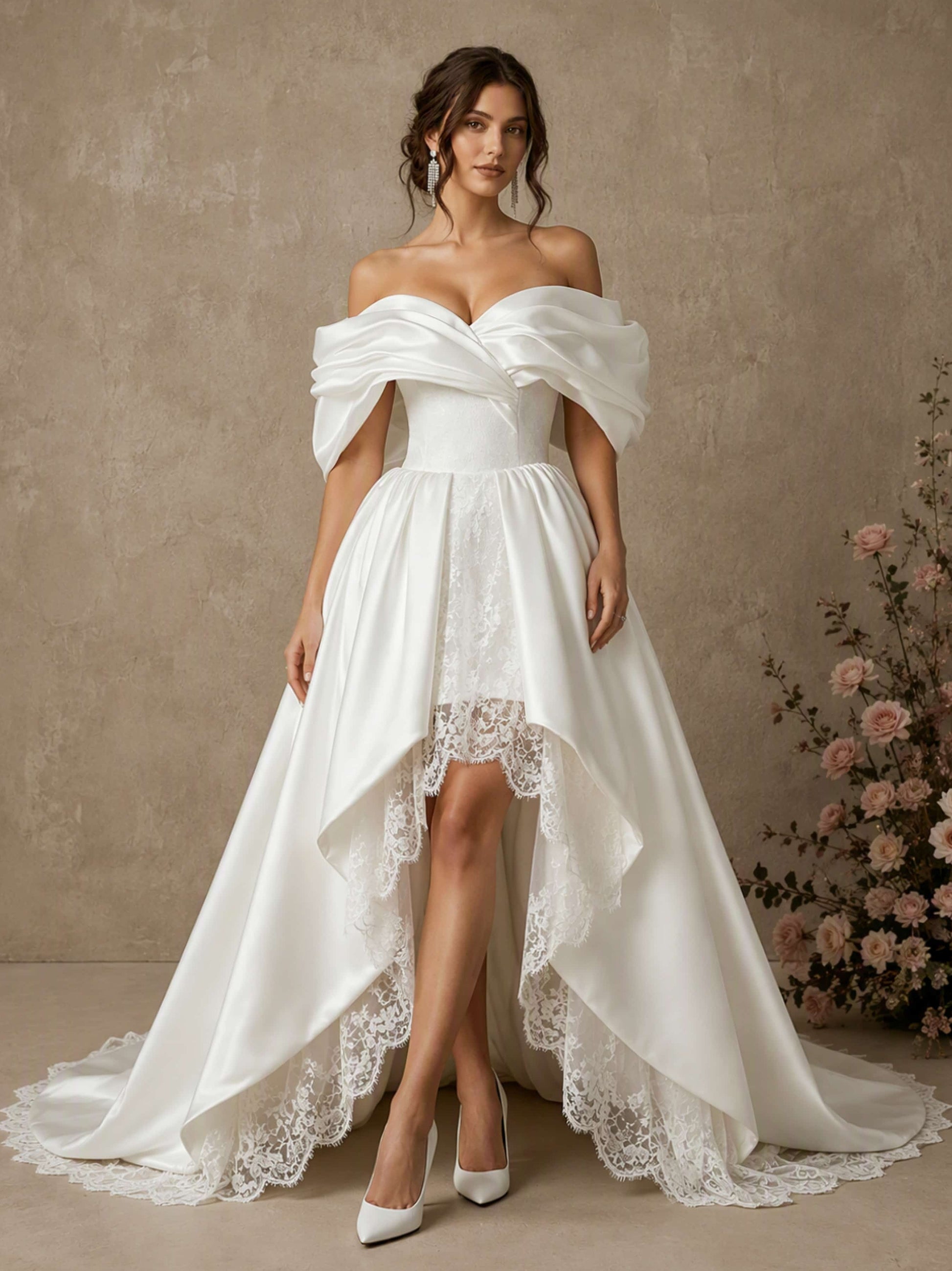 Off The Shoulder Satin Lace High Low Wedding Dress Ball Gown