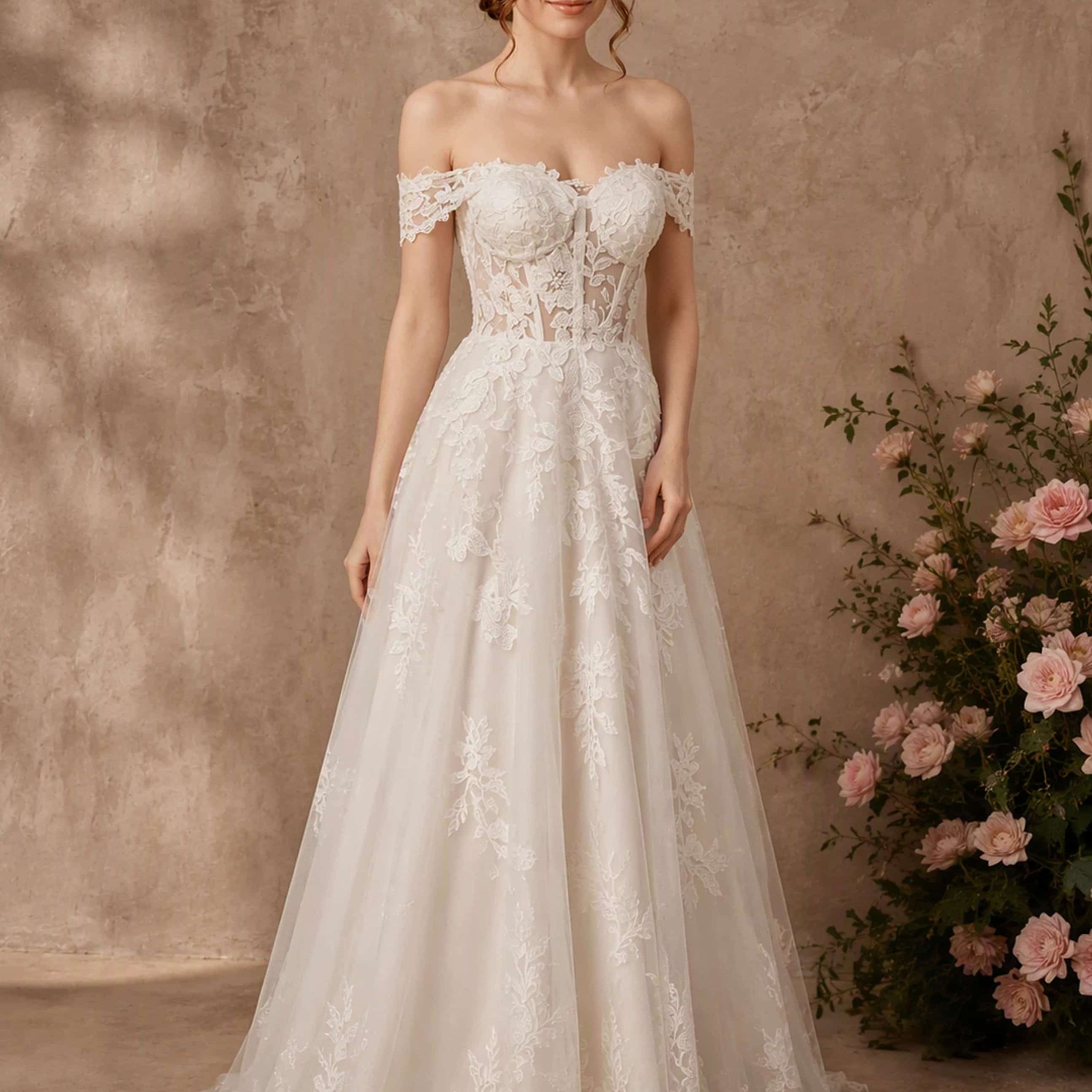 Off Shoulder Lace Long Wedding Dress with Train