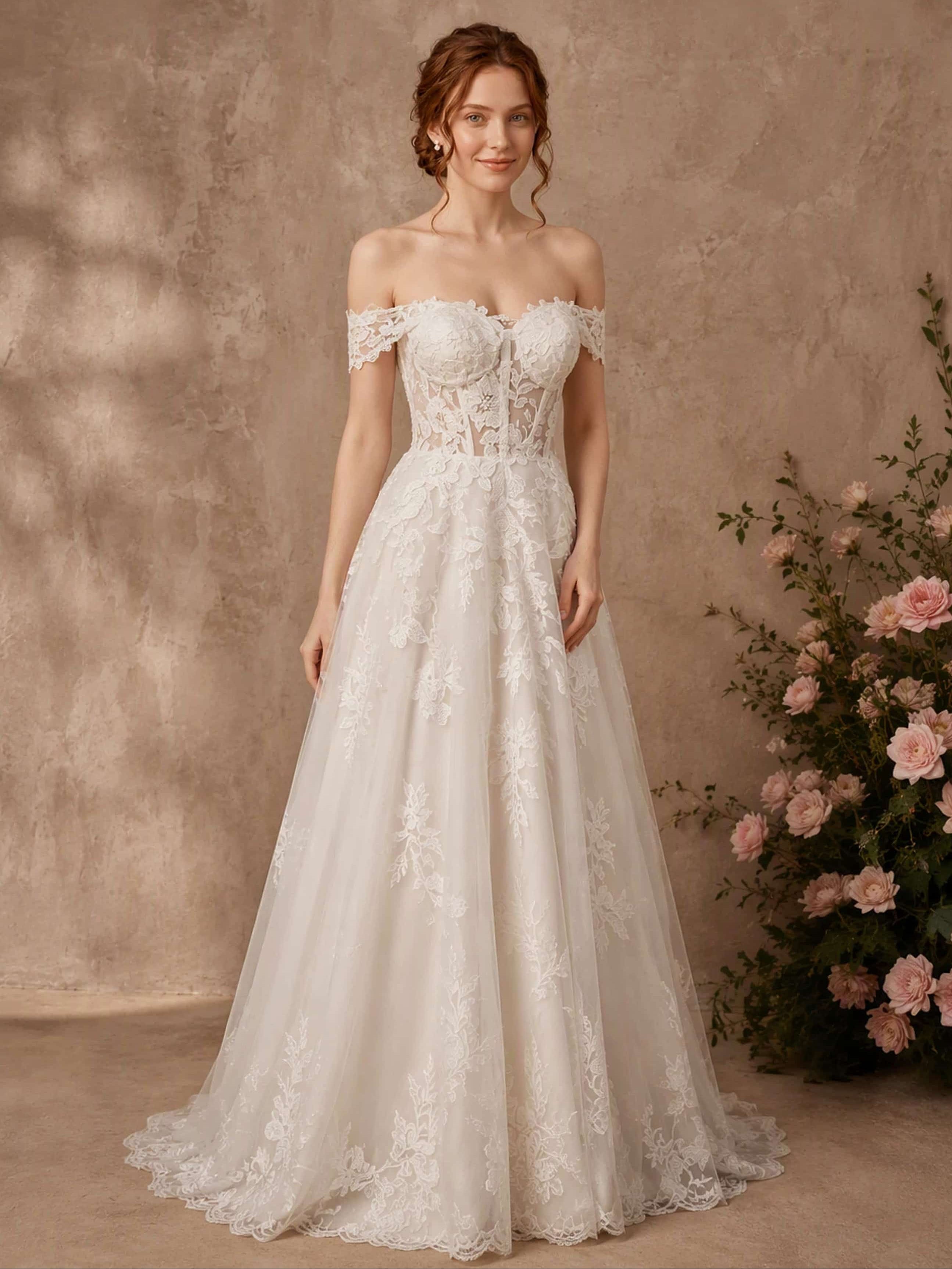 Off Shoulder Lace Long Wedding Dress with Train