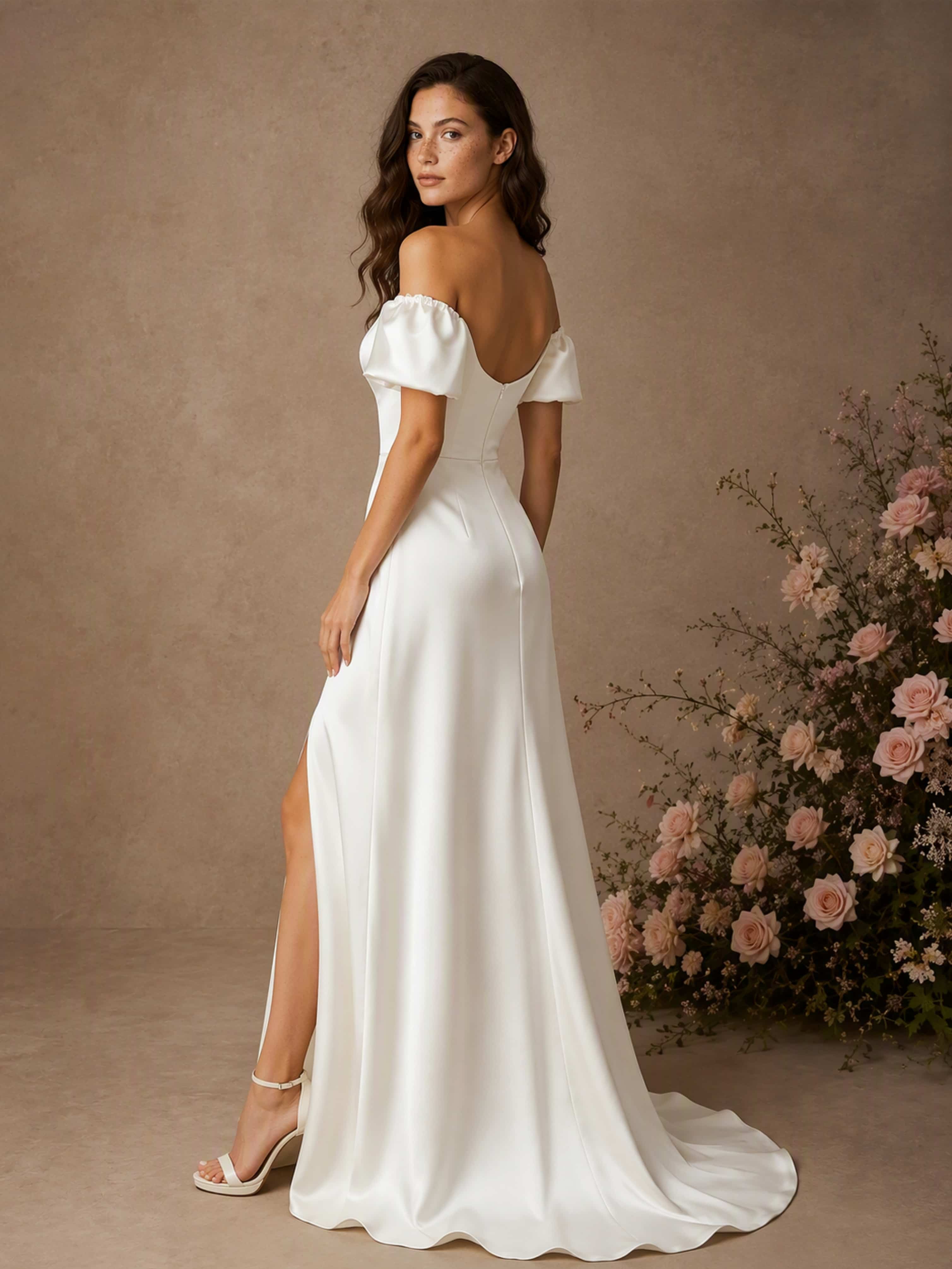 Sweetheart Neck Puff Sleeve Mermaid Satin Wedding Dress with Slit