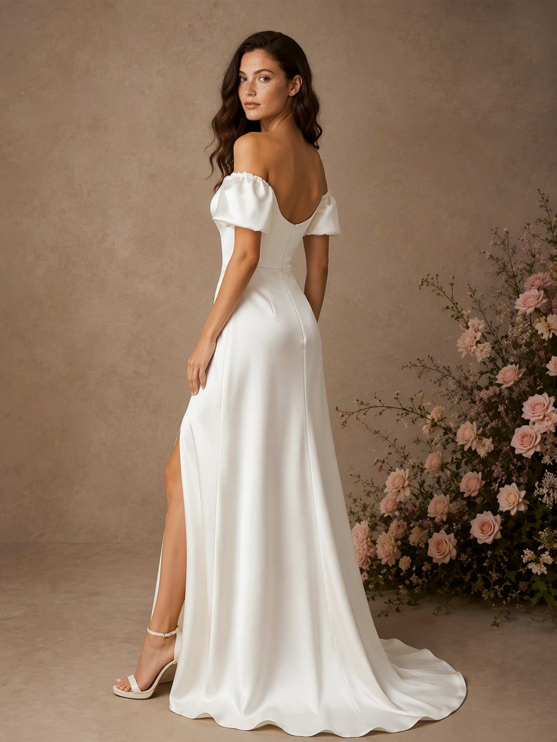 Sweetheart Neck Puff Sleeve Mermaid Satin Wedding Dress with Slit