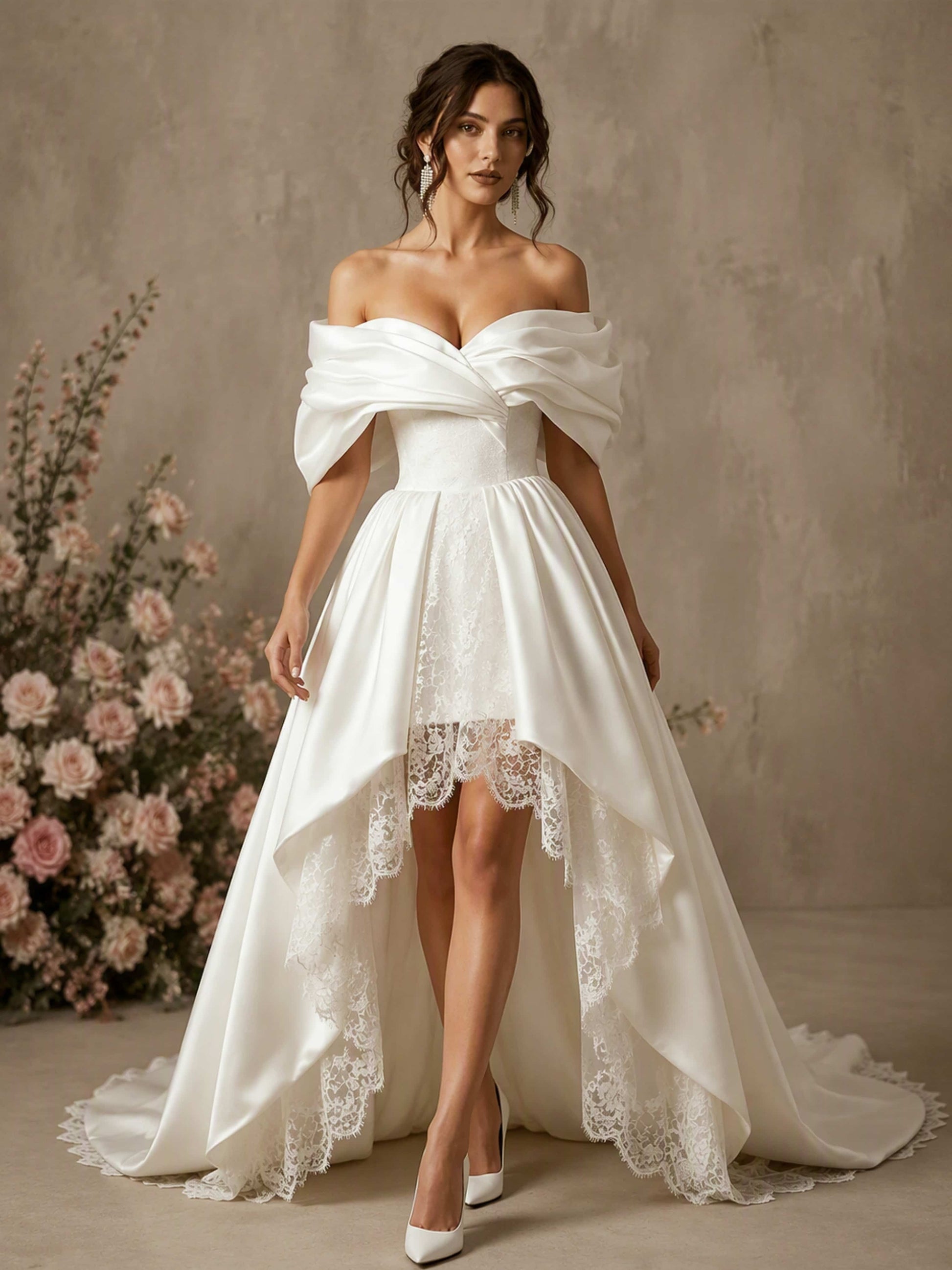 Off The Shoulder Satin Lace High Low Wedding Dress Ball Gown