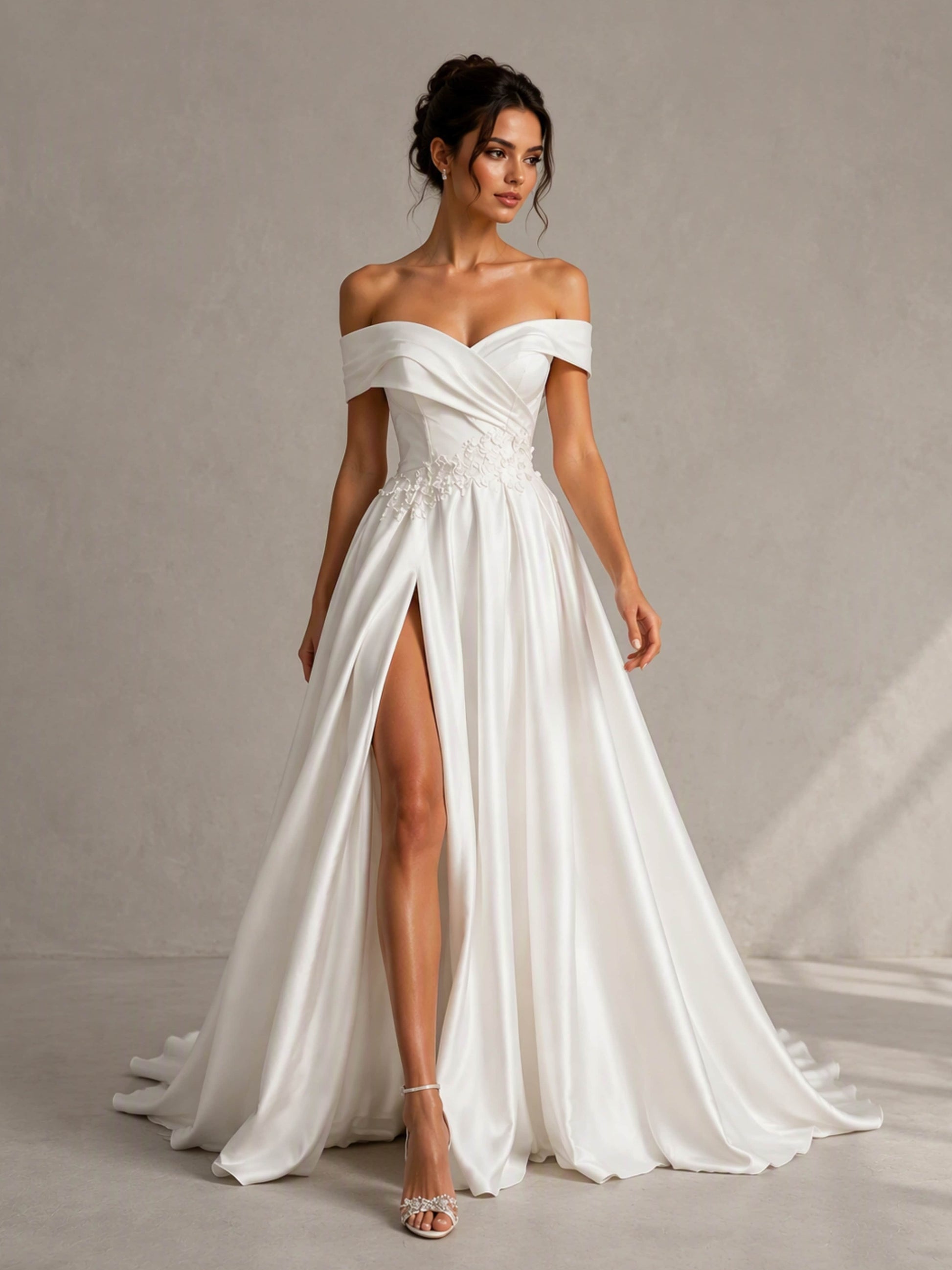 Off The Shoulder Long Satin Wedding Dress Elegant Ball Gown