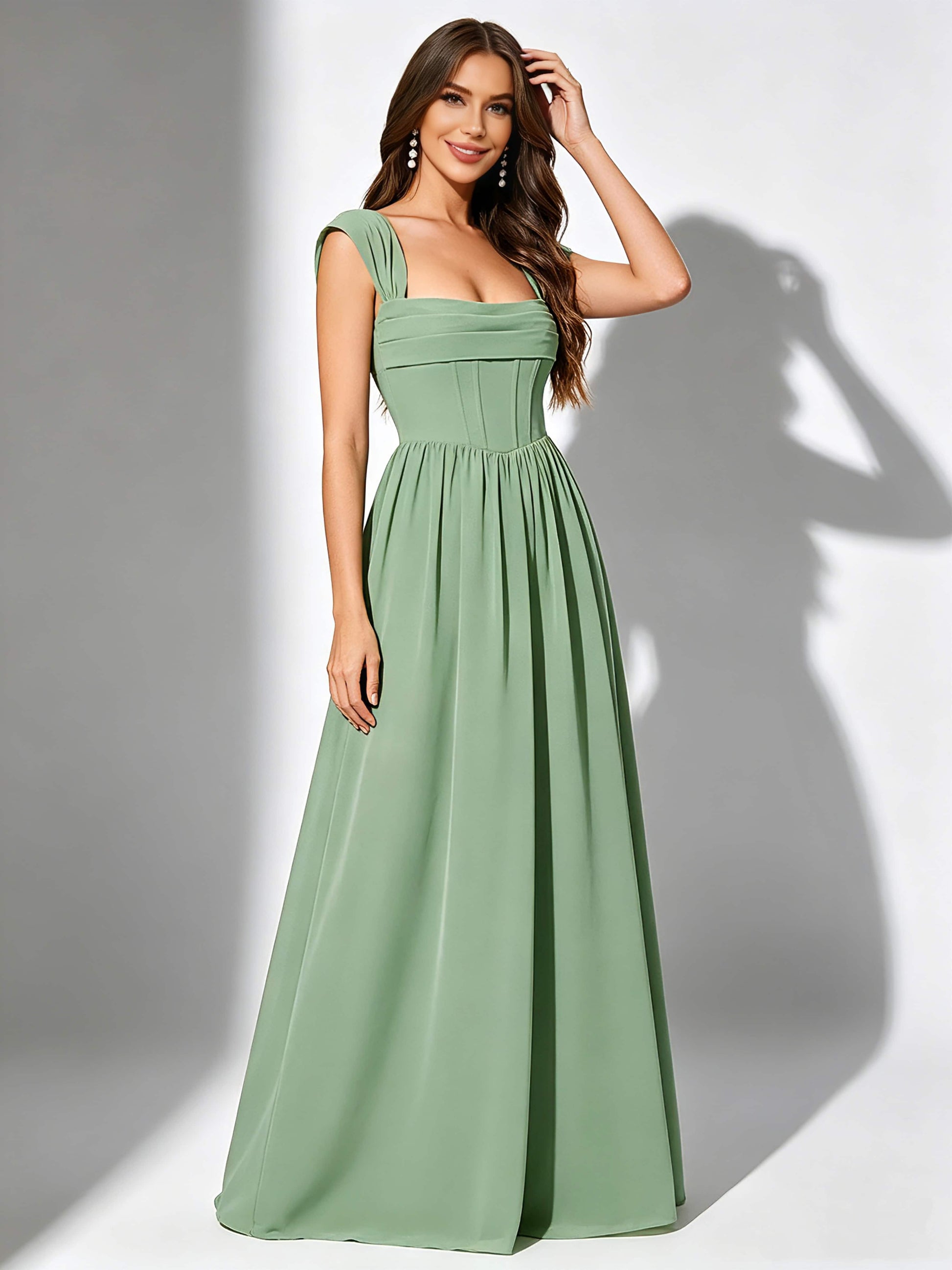 Square Neck Chiffon Bridesmaid Dress Corset Formal Gown