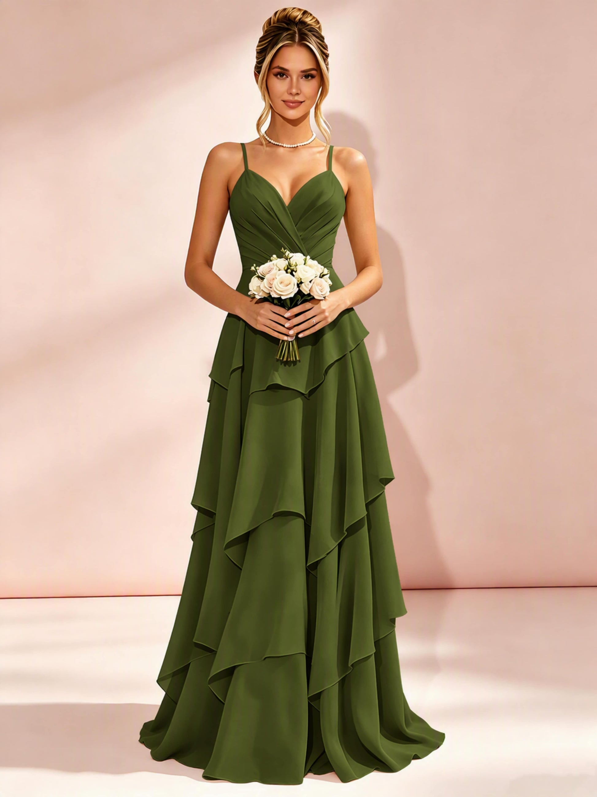 Spaghetti Straps Ruffle Tiered Chiffon Bridesmaid Dress for Wedding