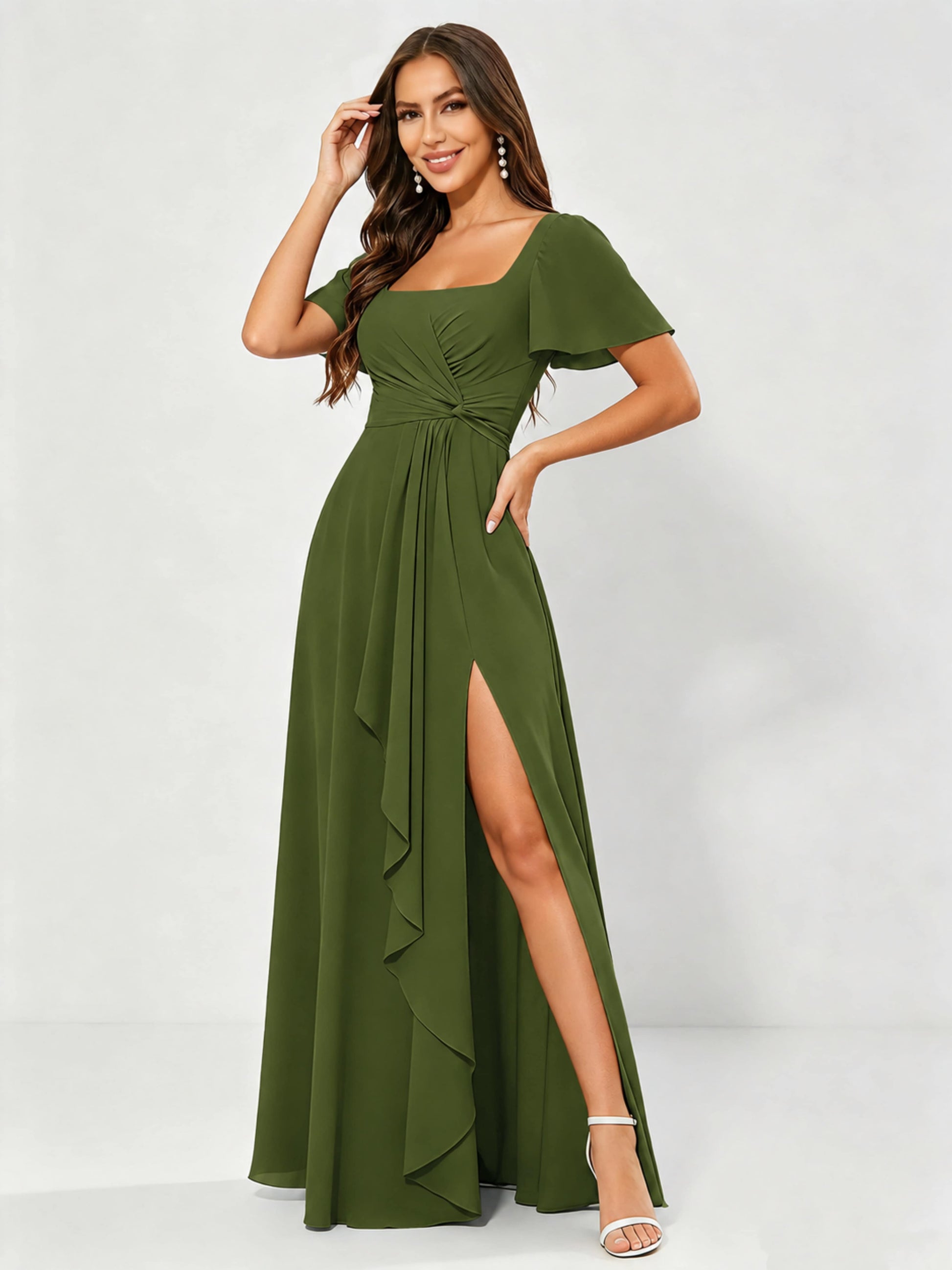 Square Neck Chiffon Ruffle Bridesmaid Dress with Slit