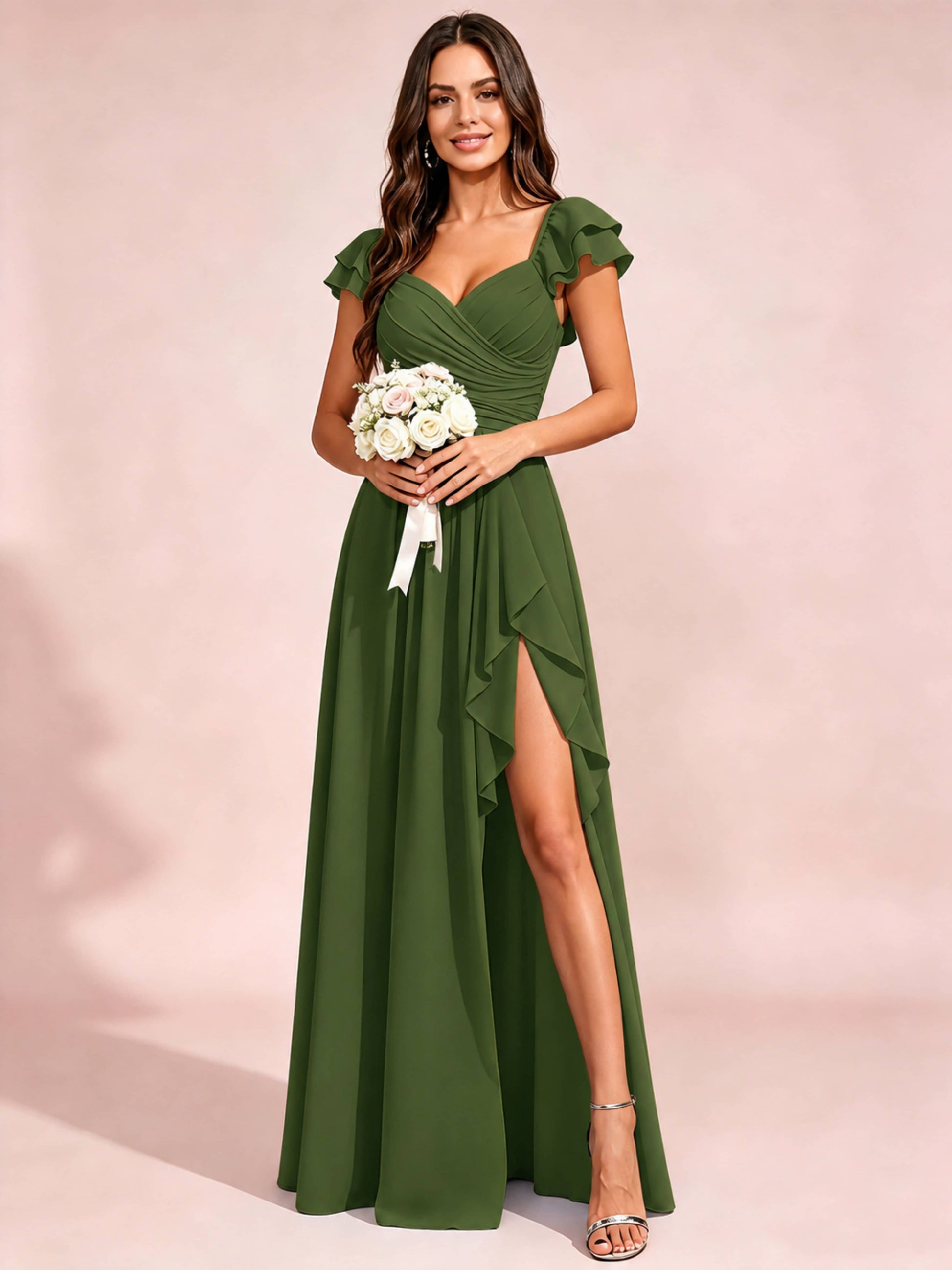 Chiffon Sweetheart Neck Ruched Bust Bridesmaid Dresses with Ruffle Slit