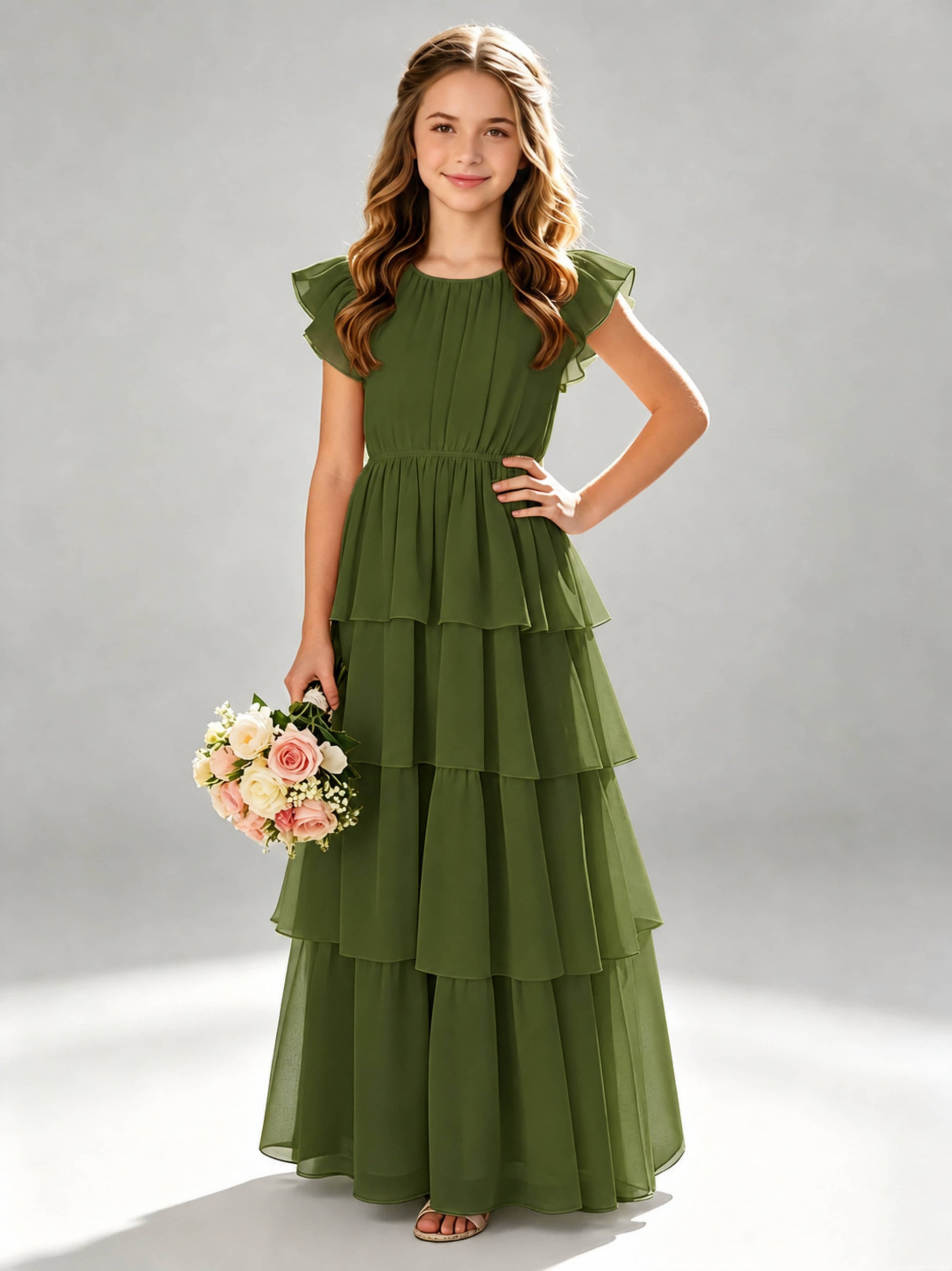Chiffon Tiered Pleated Long Junior Bridesmaid Dresses