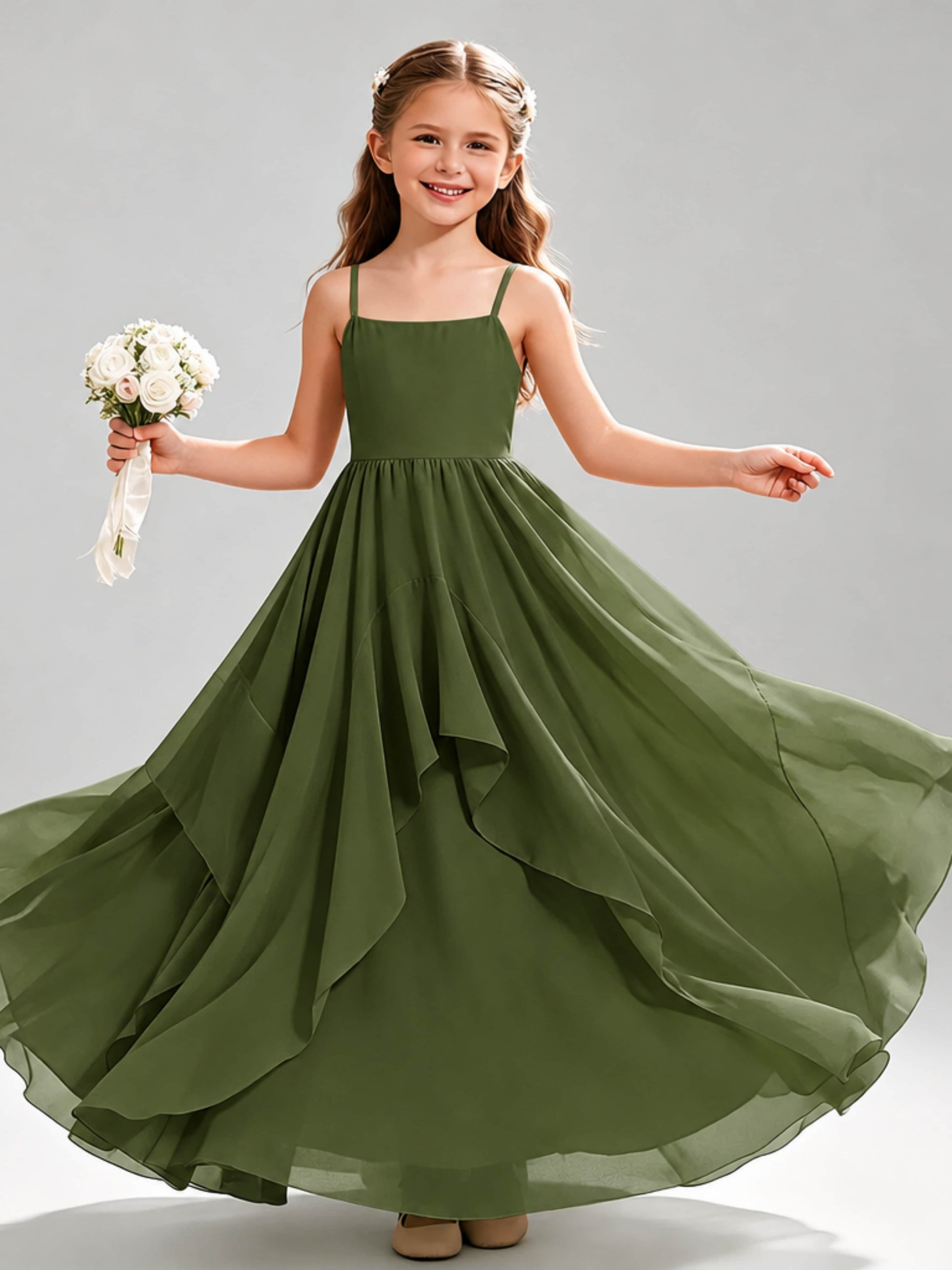 A-Line Spaghetti Straps Ruffle Junior Bridesmaid Dresses